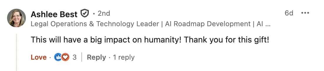 LinkedIn comment from Ashlee Best on the Open US Law launch post