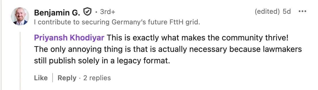 LinkedIn comment from Benjamin G. on the Open US Law launch post