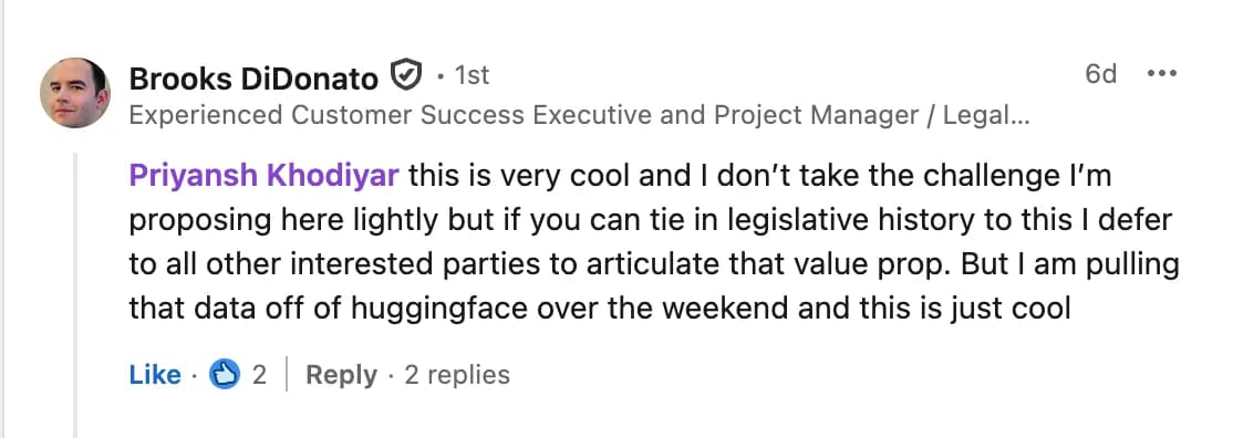 LinkedIn comment from Brooks DiDonato on the Open US Law launch post
