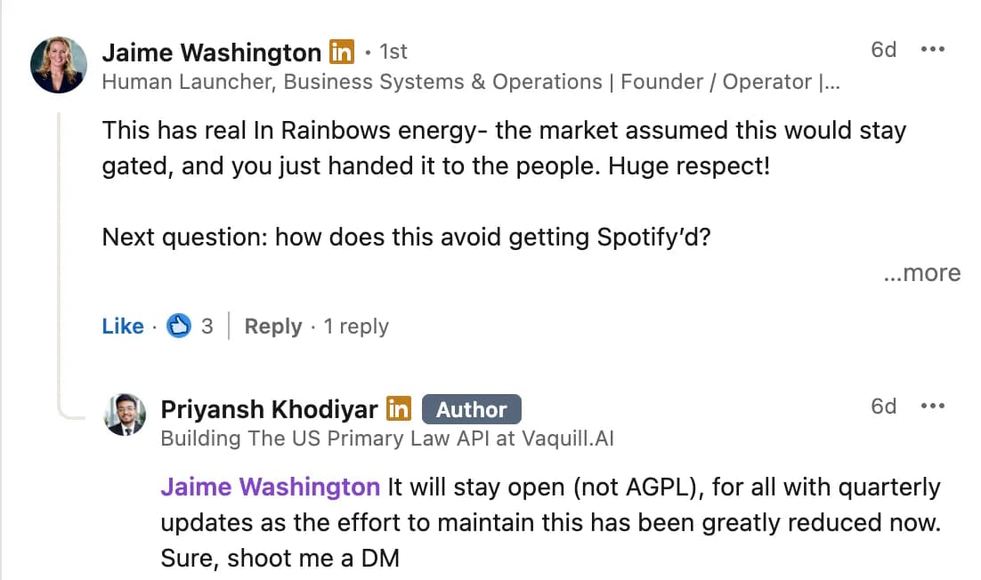 LinkedIn comment from Jaime Washington on the Open US Law launch post