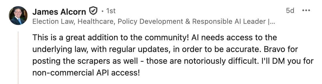 LinkedIn comment from James Alcorn on the Open US Law launch post
