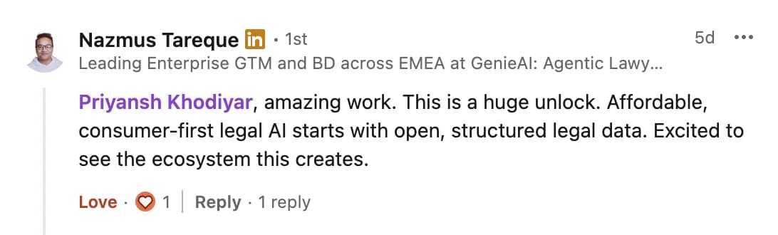 LinkedIn comment from Nazmus Tareque on the Open US Law launch post
