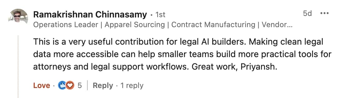 LinkedIn comment from Ramakrishnan Chinnasamy on the Open US Law launch post