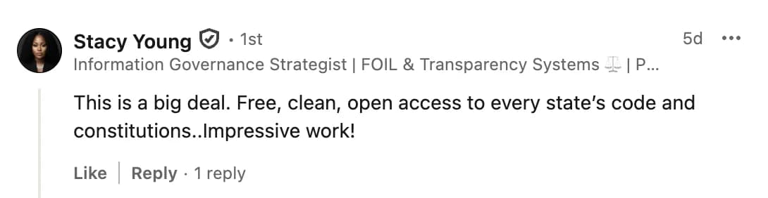LinkedIn comment from Stacy Young on the Open US Law launch post