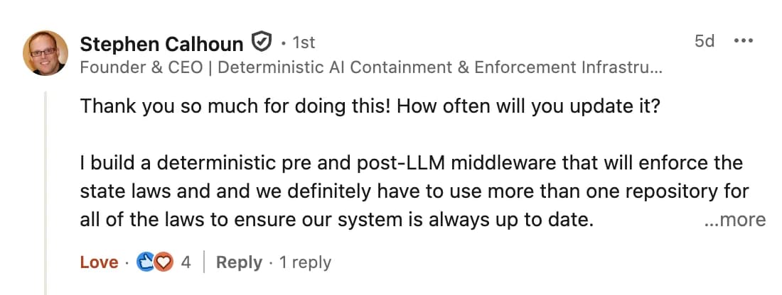 LinkedIn comment from Stephen Calhoun on the Open US Law launch post