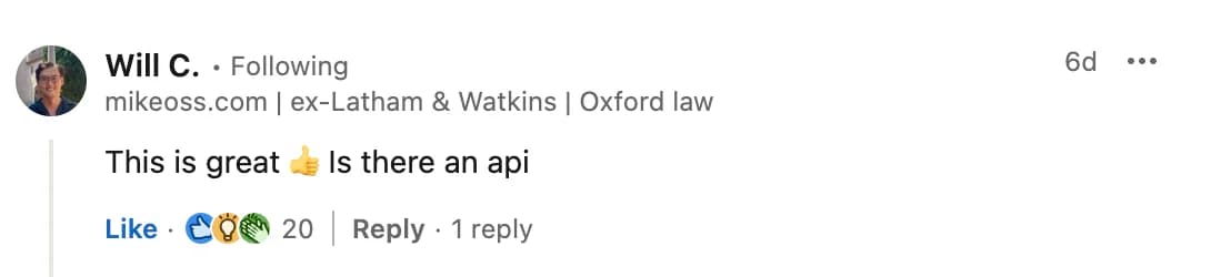 LinkedIn comment from Will C. on the Open US Law launch post