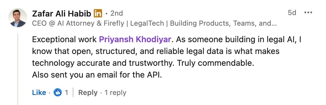 LinkedIn comment from Zafar Ali Habib on the Open US Law launch post