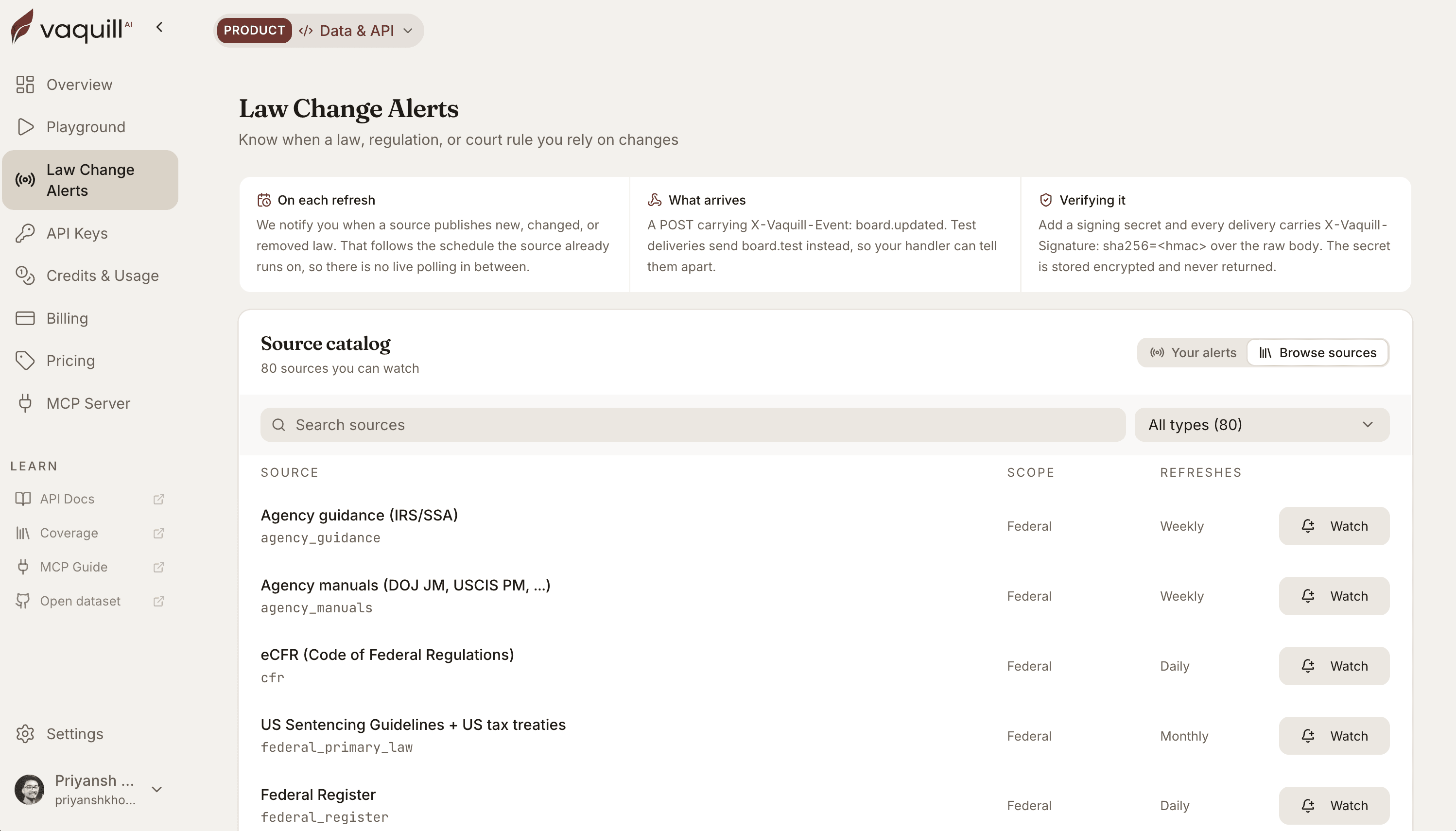 Vaquill AI dashboard Law Change Alerts screen, showing the source catalog of 80 watchable jurisdictions and corpora with refresh cadence
