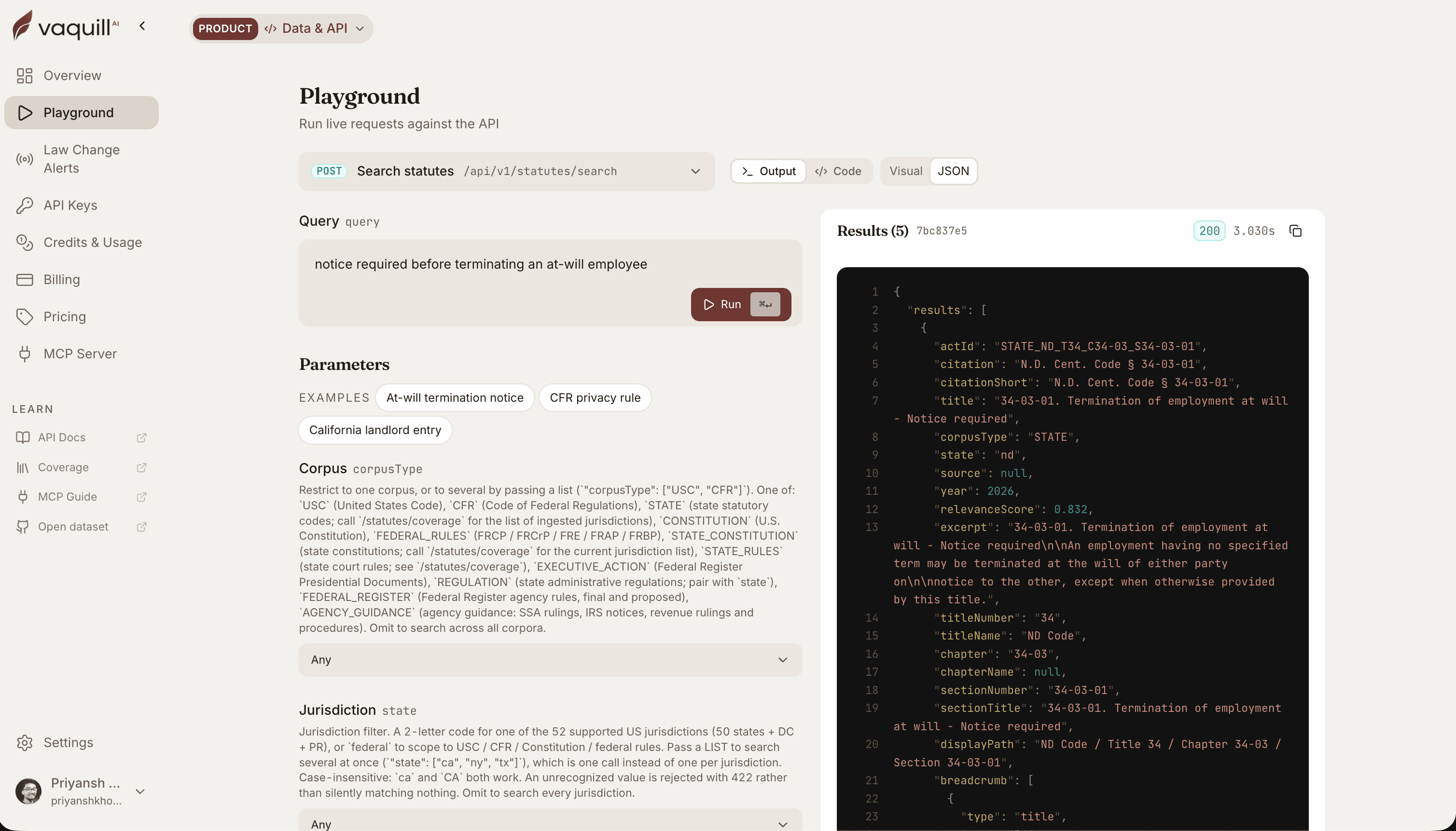 Vaquill AI Playground running a live statutes search for "notice required before terminating an at-will employee", shown as raw JSON