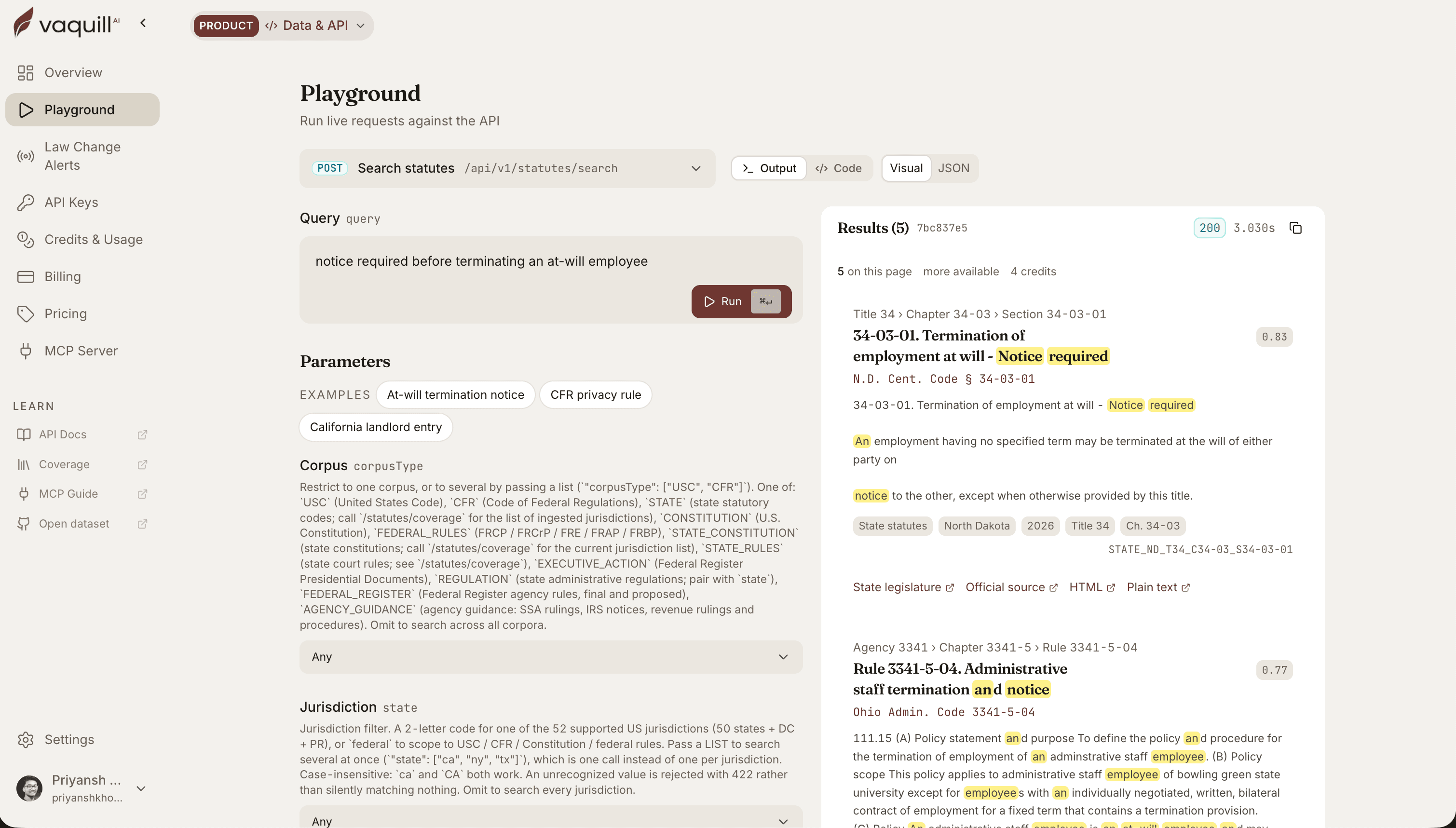 The same Playground search result rendered as visual cards, with matched terms highlighted and links to the state legislature, official source, HTML, and plain text