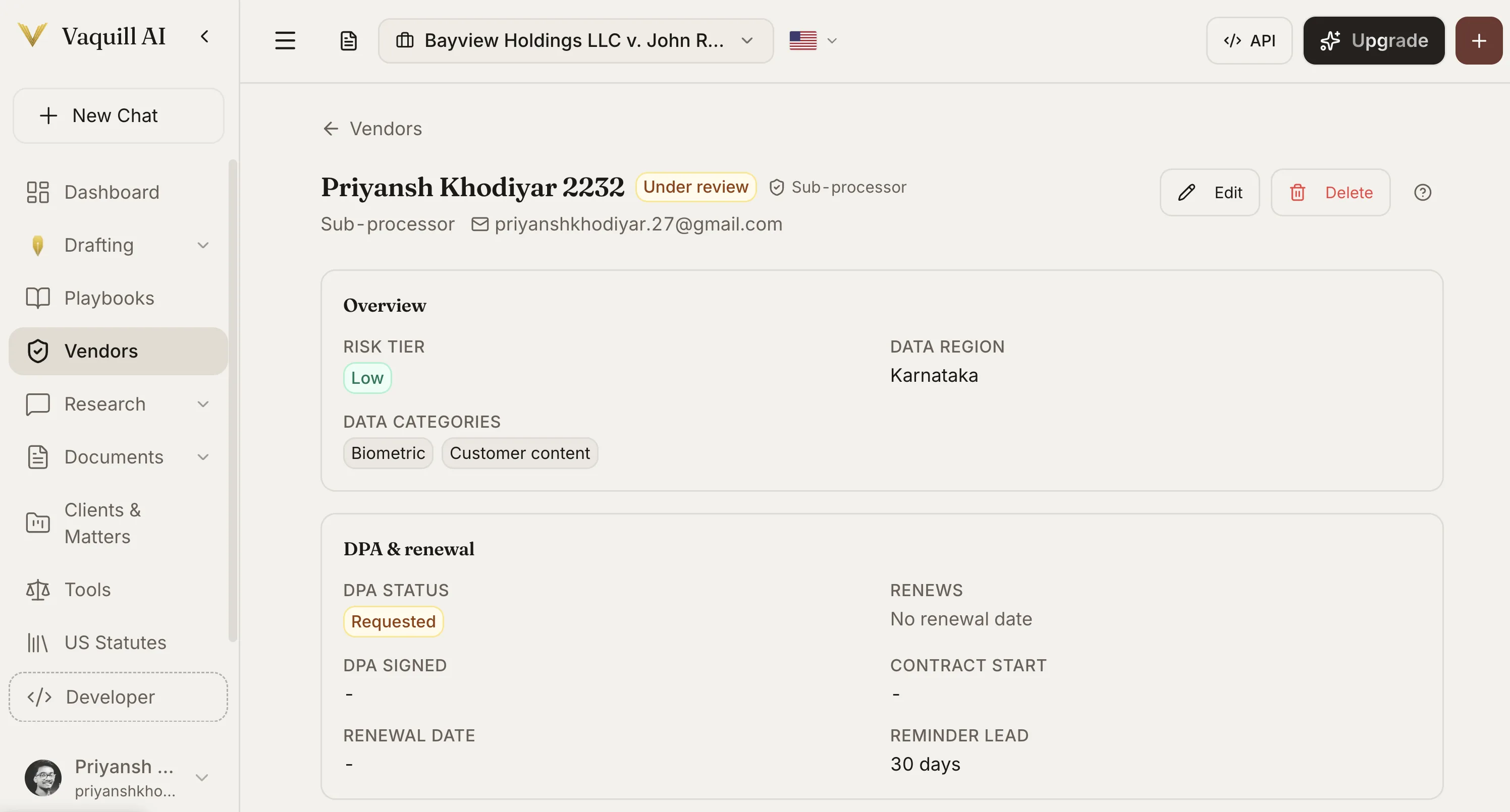 Vaquill AI vendor detail view: sub-processor record showing risk tier, data region, data categories, DPA status, and renewal tracking