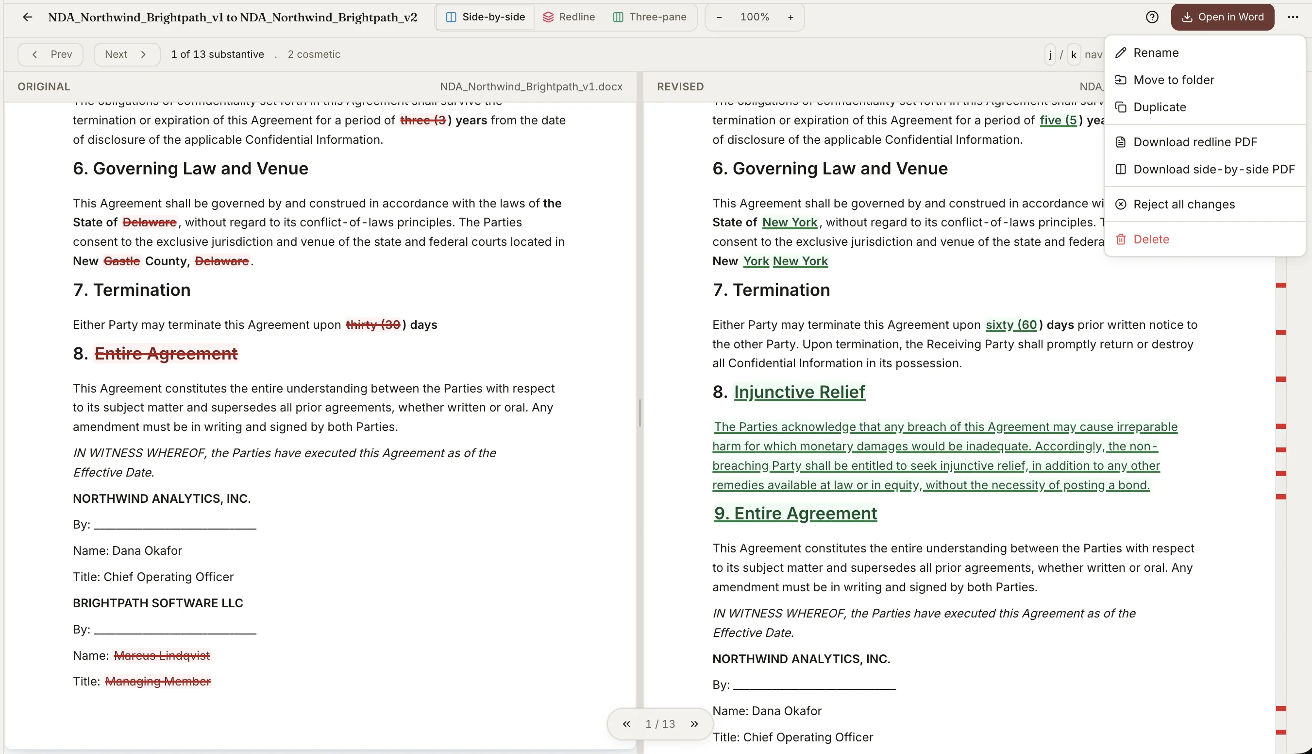 Side-by-side comparison of two NDA versions, showing 13 substantive changes separated from 2 cosmetic ones, with side-by-side, redline and three-pane views
