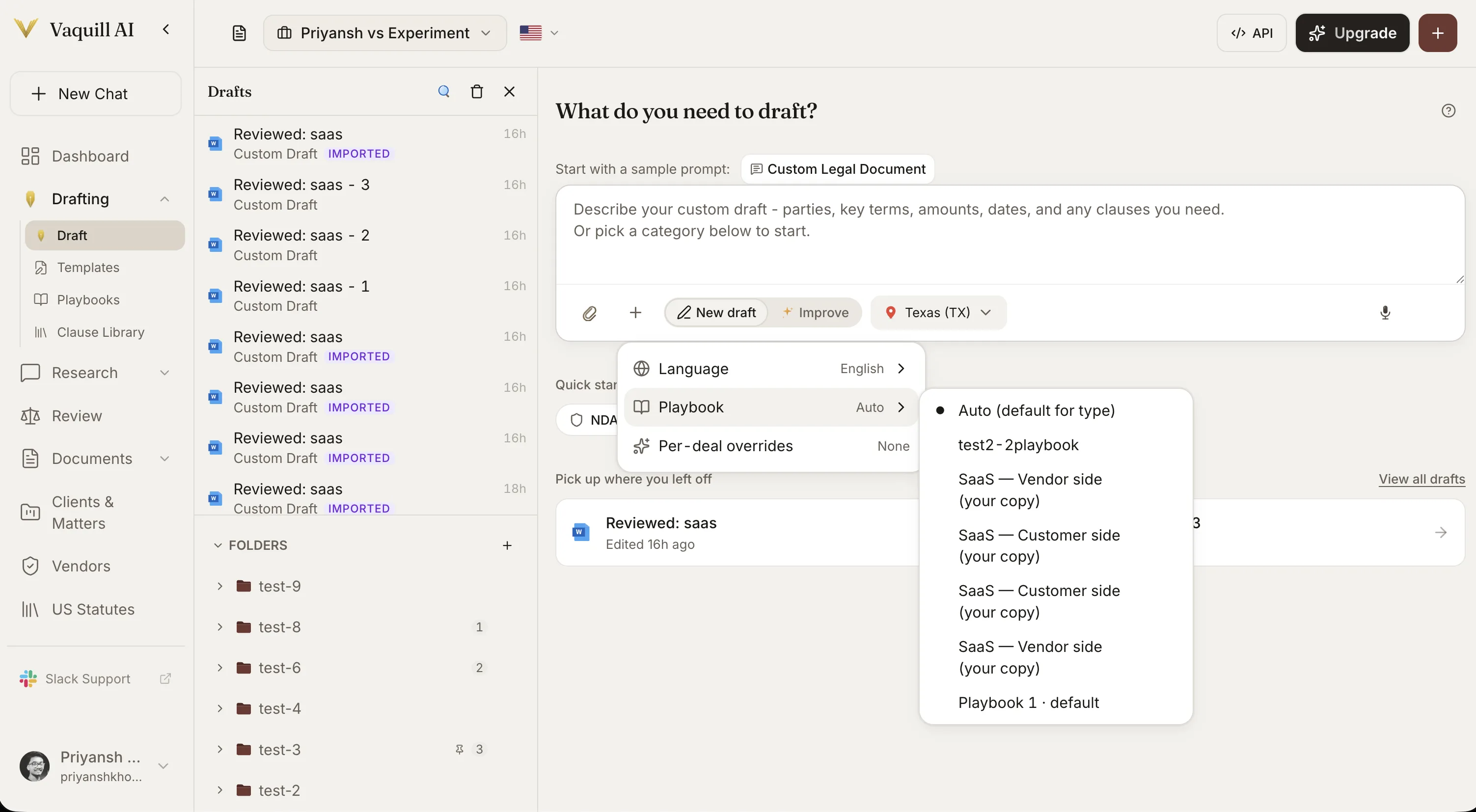 Vaquill AI drafting workspace: describe a document in plain English, pick a category and jurisdiction, and resume saved drafts