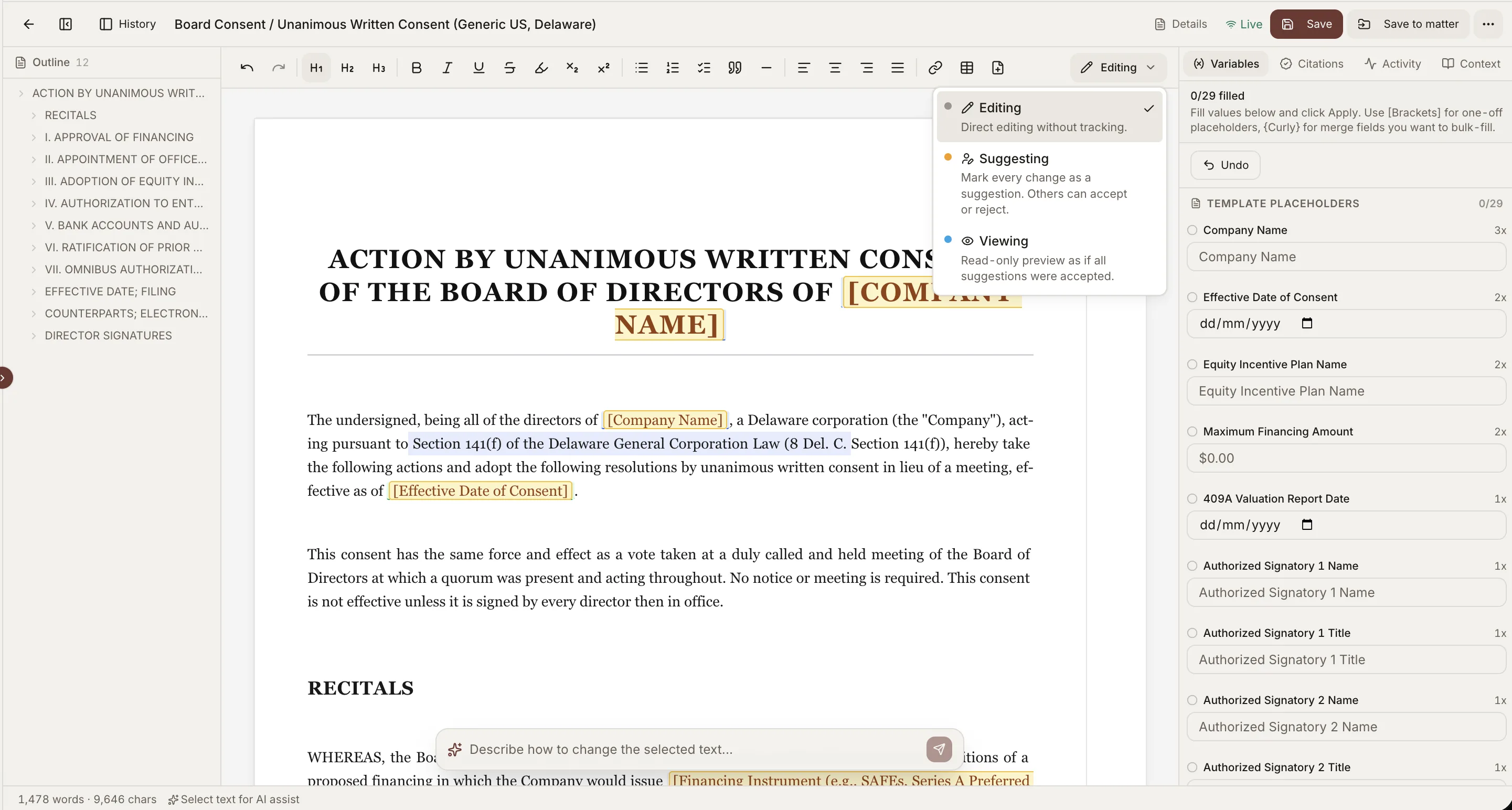 The draft editor with Editing, Suggesting and Viewing modes, a live session indicator, template placeholders and a citations panel