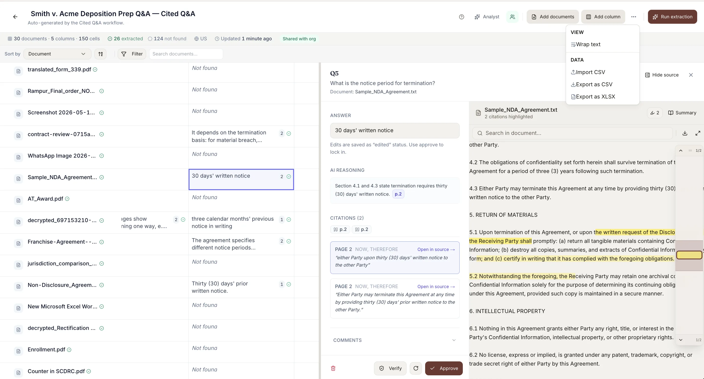 Document matrix across 30 documents and 5 columns, 150 cells with 26 extracted answers, each cell carrying page-level citations and Verify and Approve controls