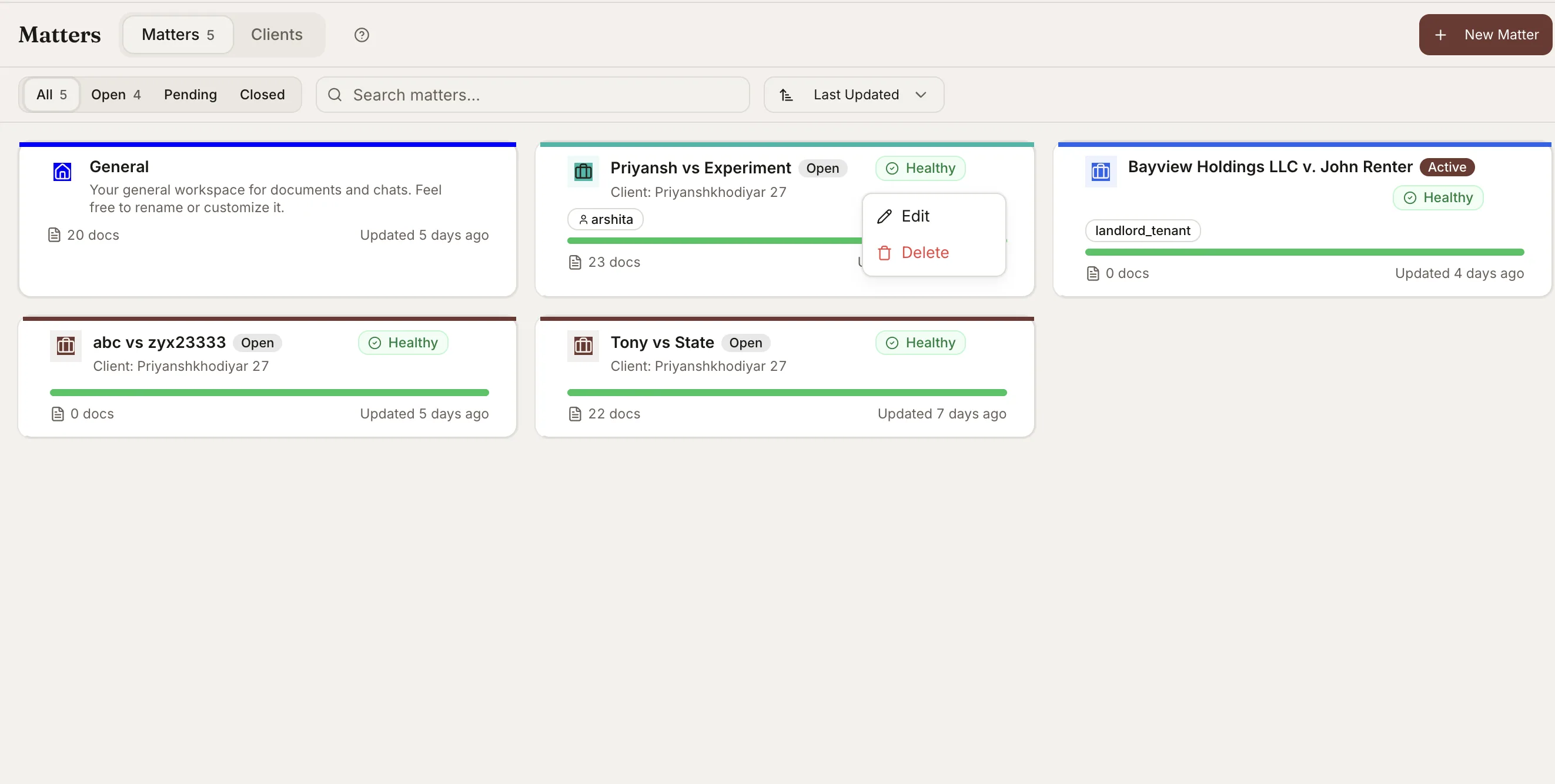 Vaquill AI matters workspace: client matters with status, document counts, and last-updated tracking