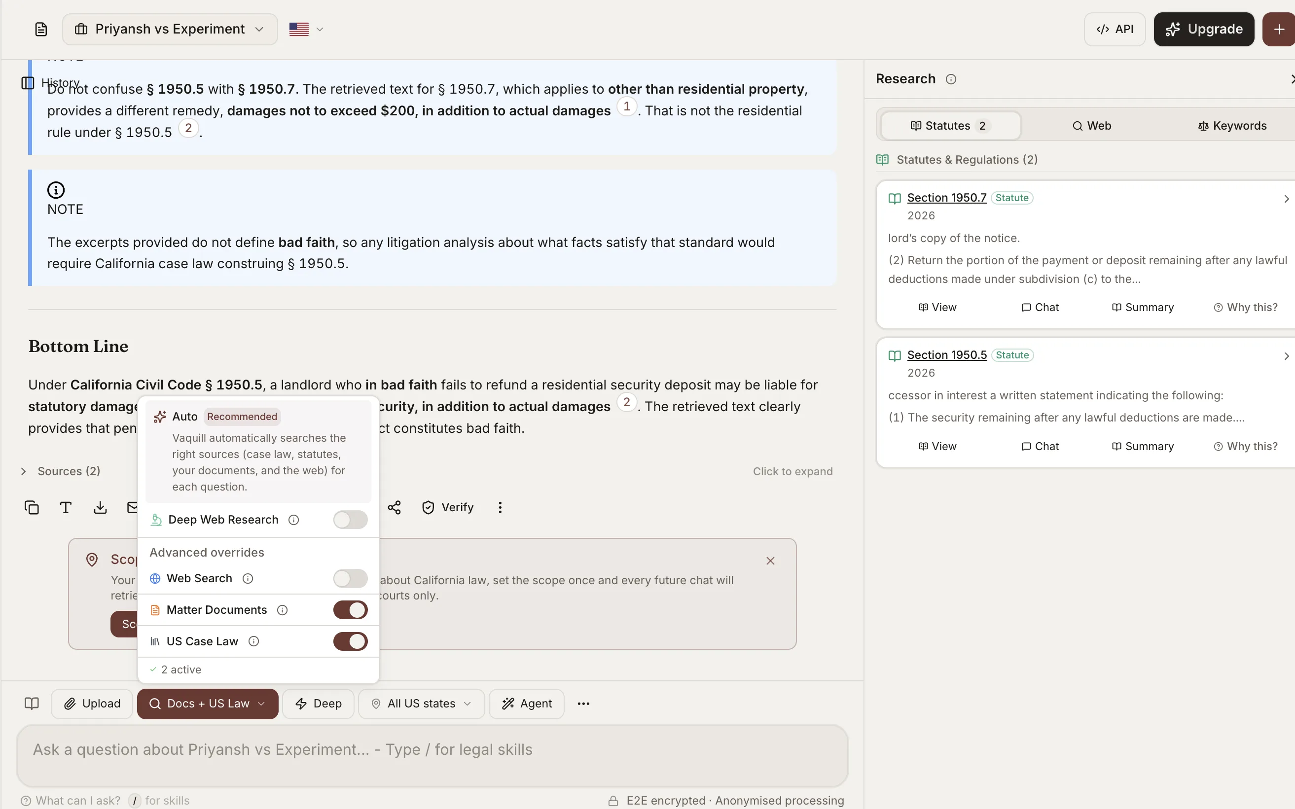 Vaquill AI research chat with the Agent toggle and source controls for autonomous multi-step legal work