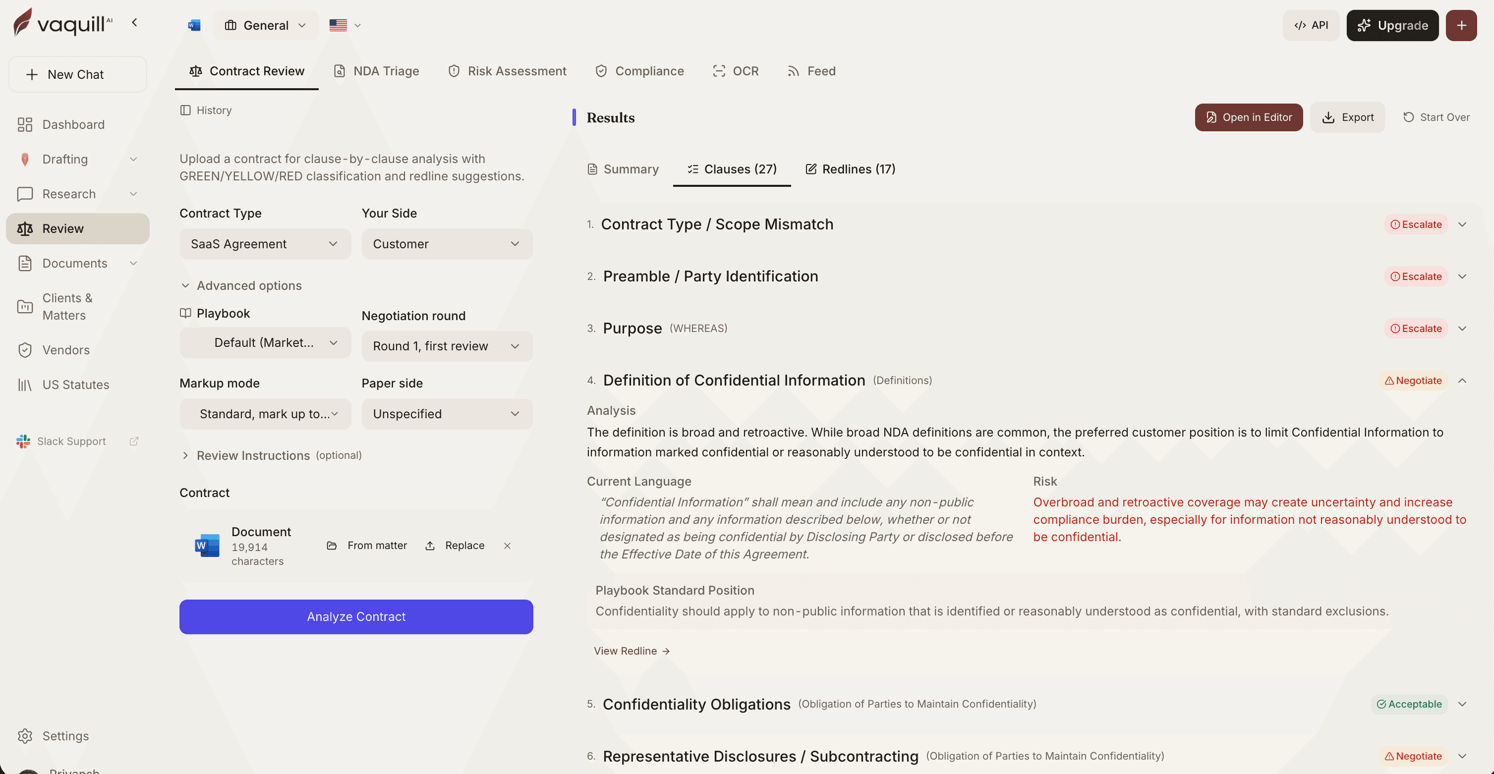 Contract review of a SaaS agreement, showing 27 extracted clauses and 17 redlines, each tagged Escalate, Negotiate or Acceptable against a playbook