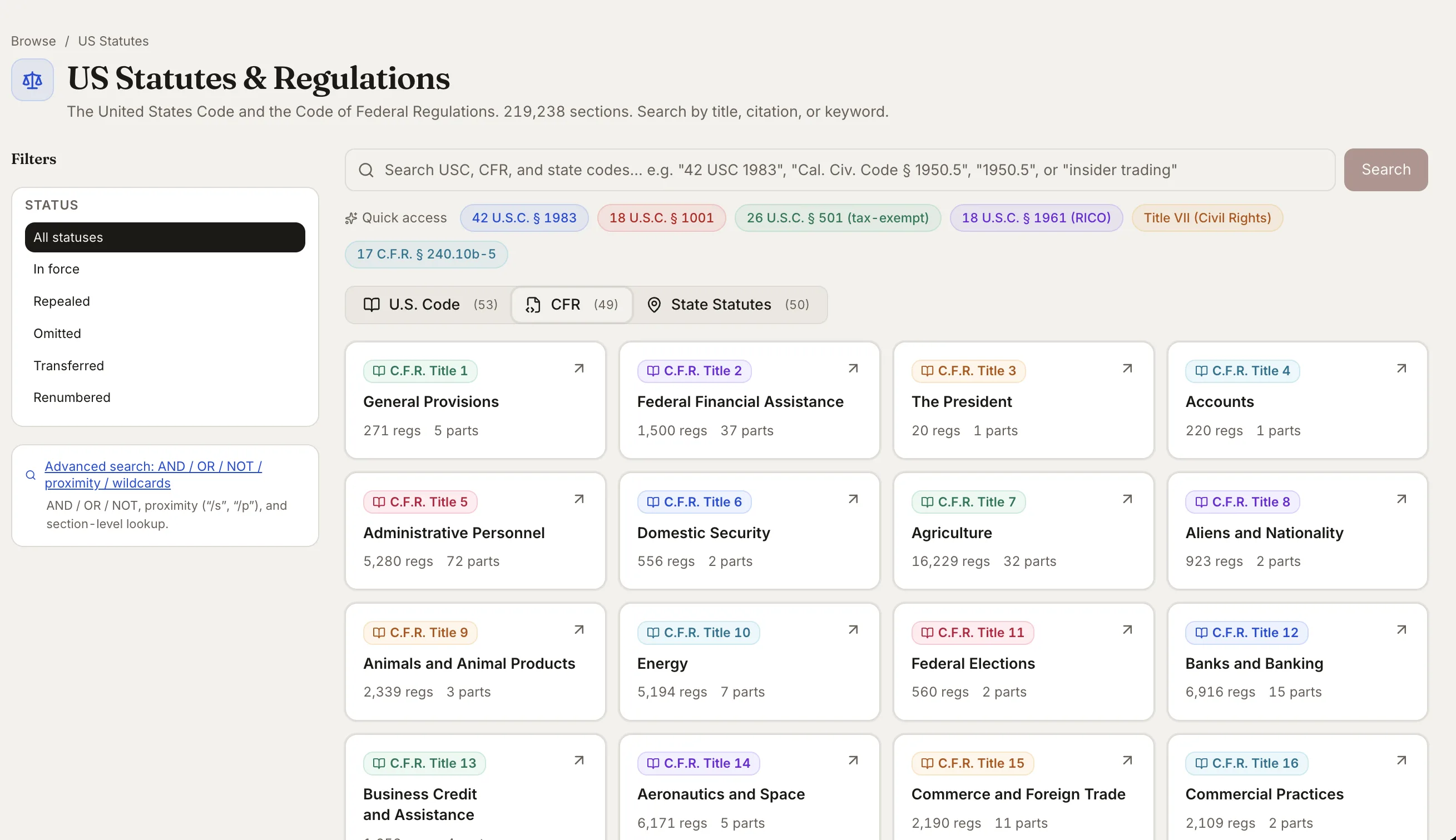 Vaquill AI US Statutes and Regulations browser across the US Code, the CFR, and all 52 state and territory statute codes