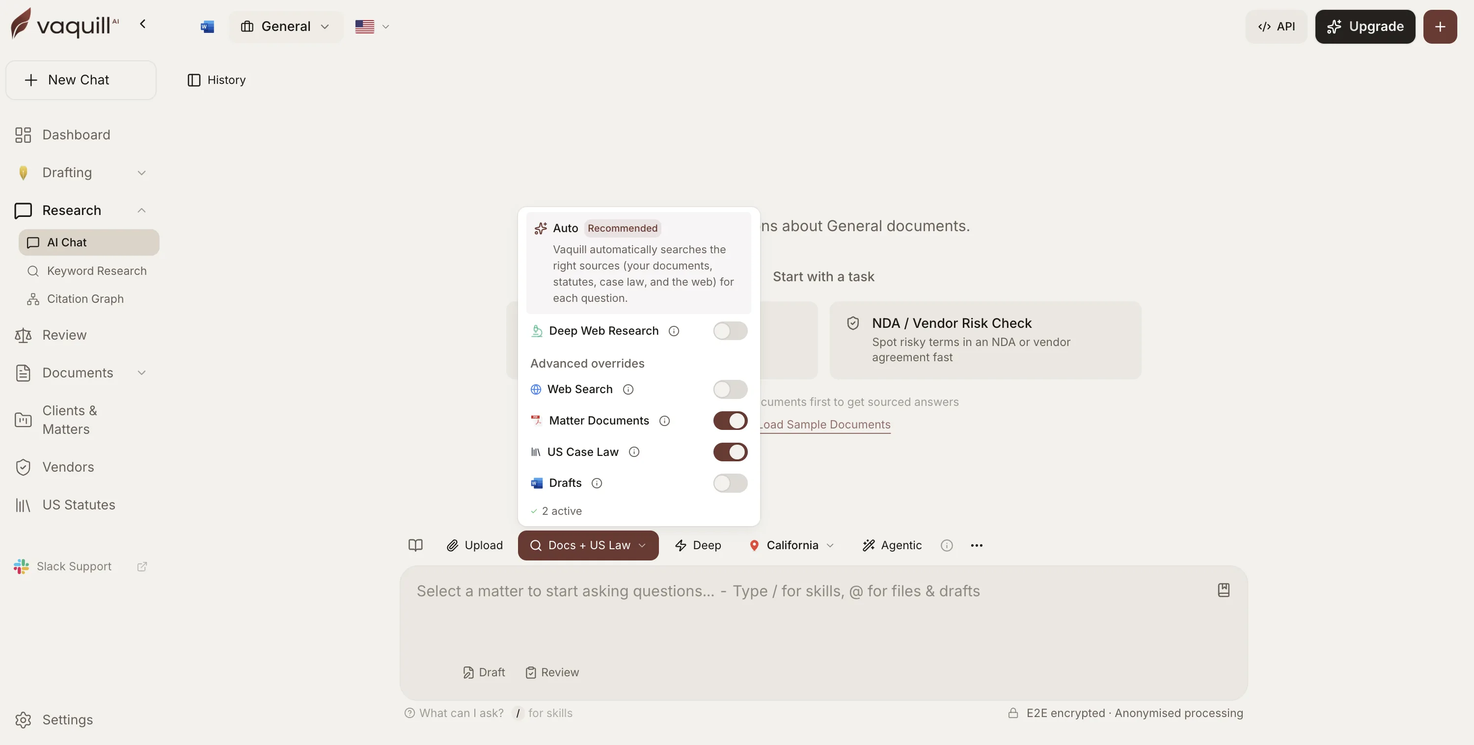 The Vaquill AI workspace: sidebar with Dashboard, Drafting, Research, Review, Documents, Clients and Matters, Vendors and US Statutes, and a source picker for matter documents, US case law and drafts