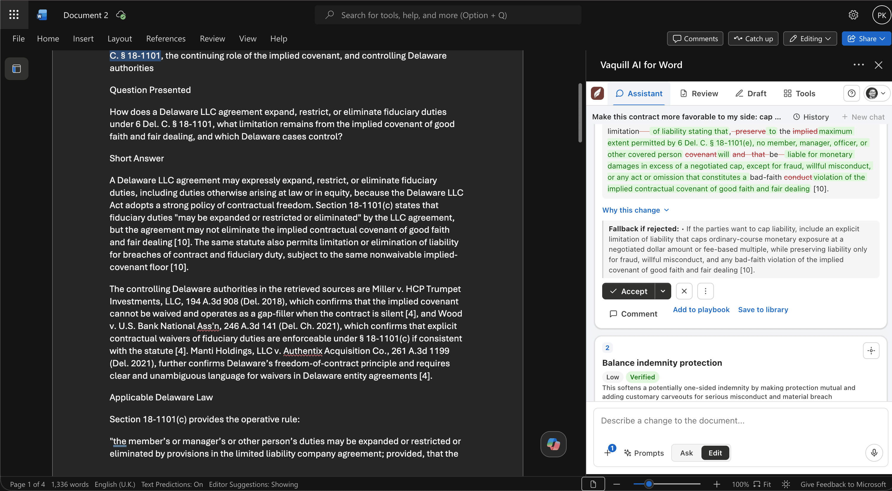 The Vaquill AI add-in open in Microsoft Word, proposing a redline to a liability clause with Accept, a why-this-change explanation and a fallback position
