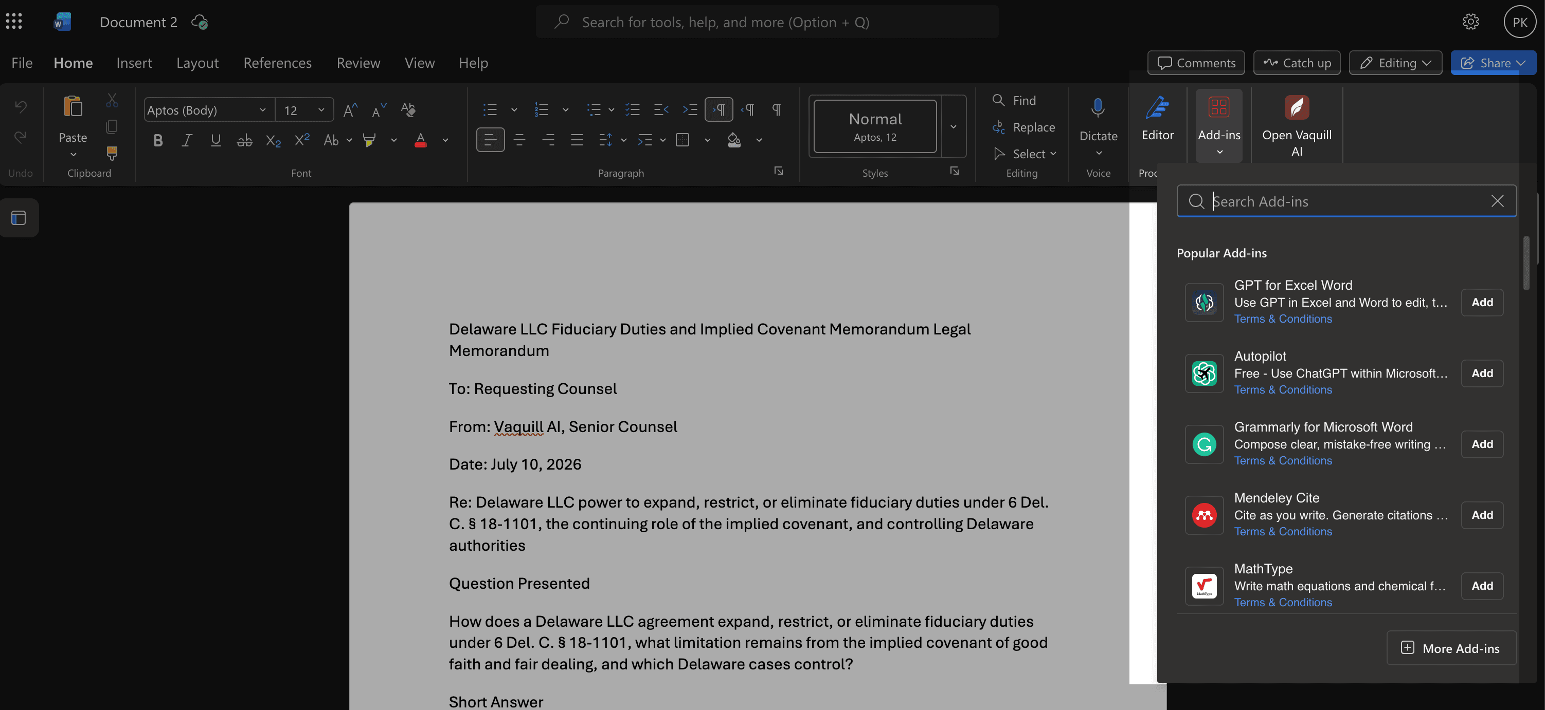 The Add-ins button on the Home tab in Microsoft Word, with the add-ins panel open
