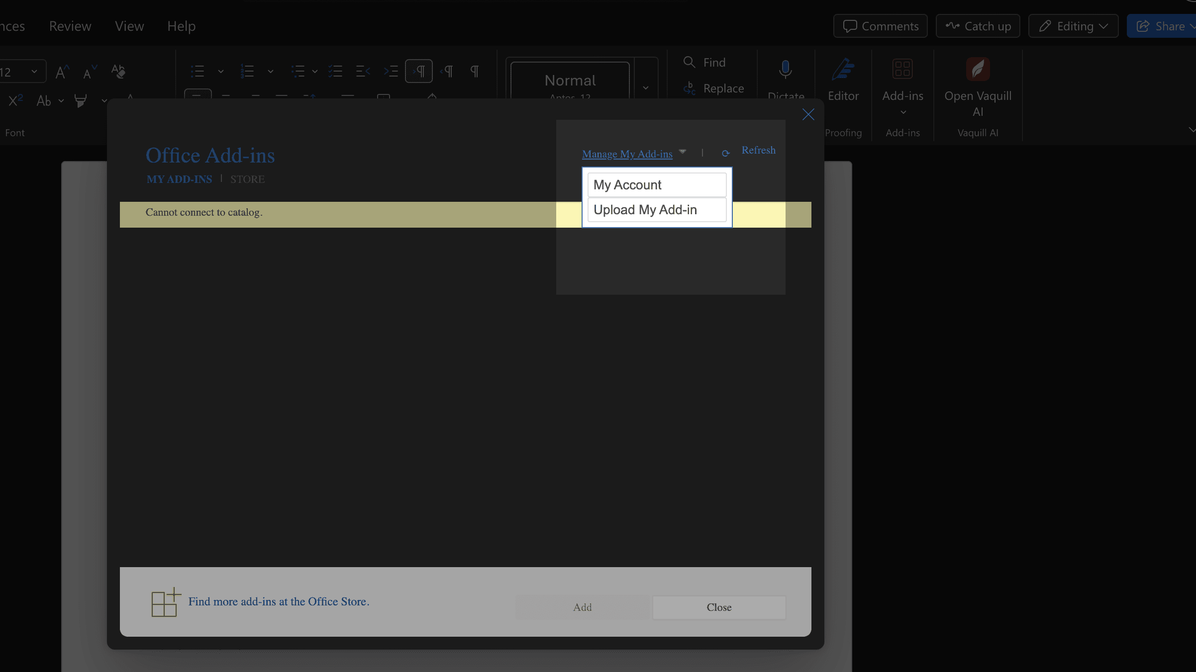 The Manage My Add-ins menu open with the Upload My Add-in option