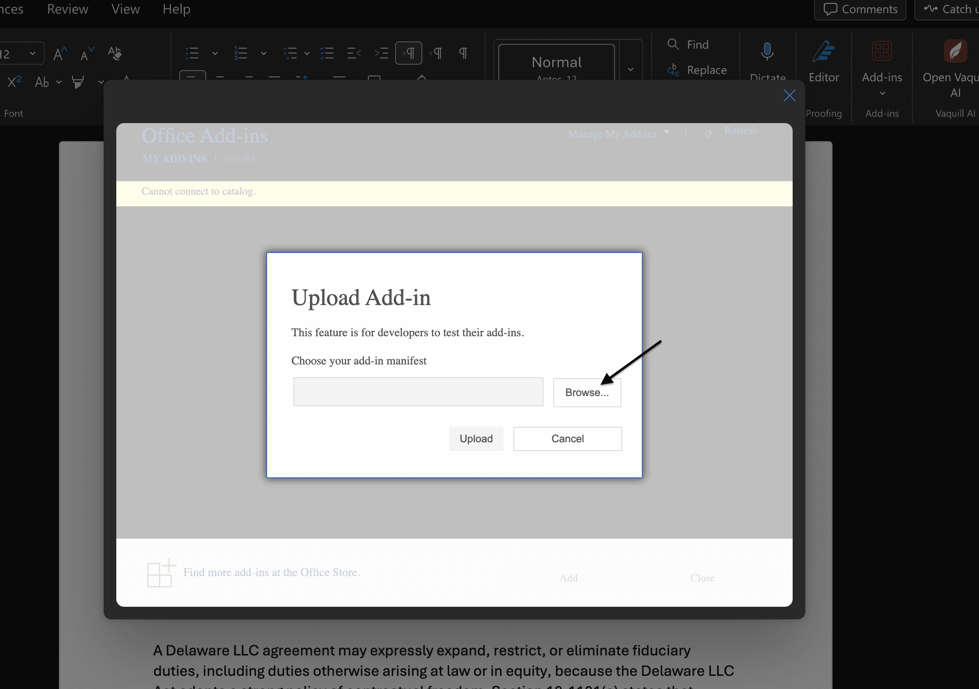 The Upload Add-in dialog with a Browse button to choose a manifest