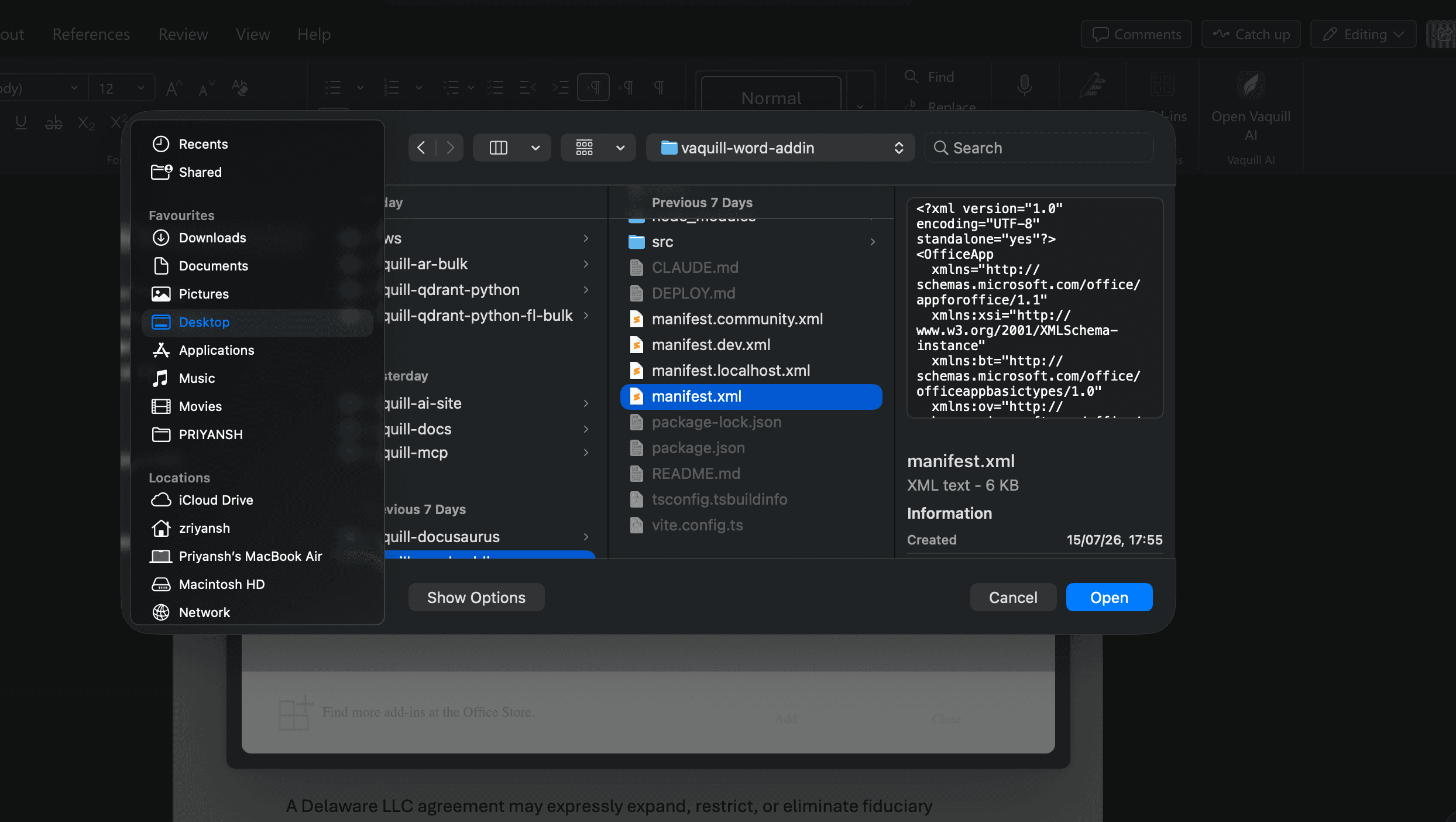 Selecting the manifest.xml file in the file picker
