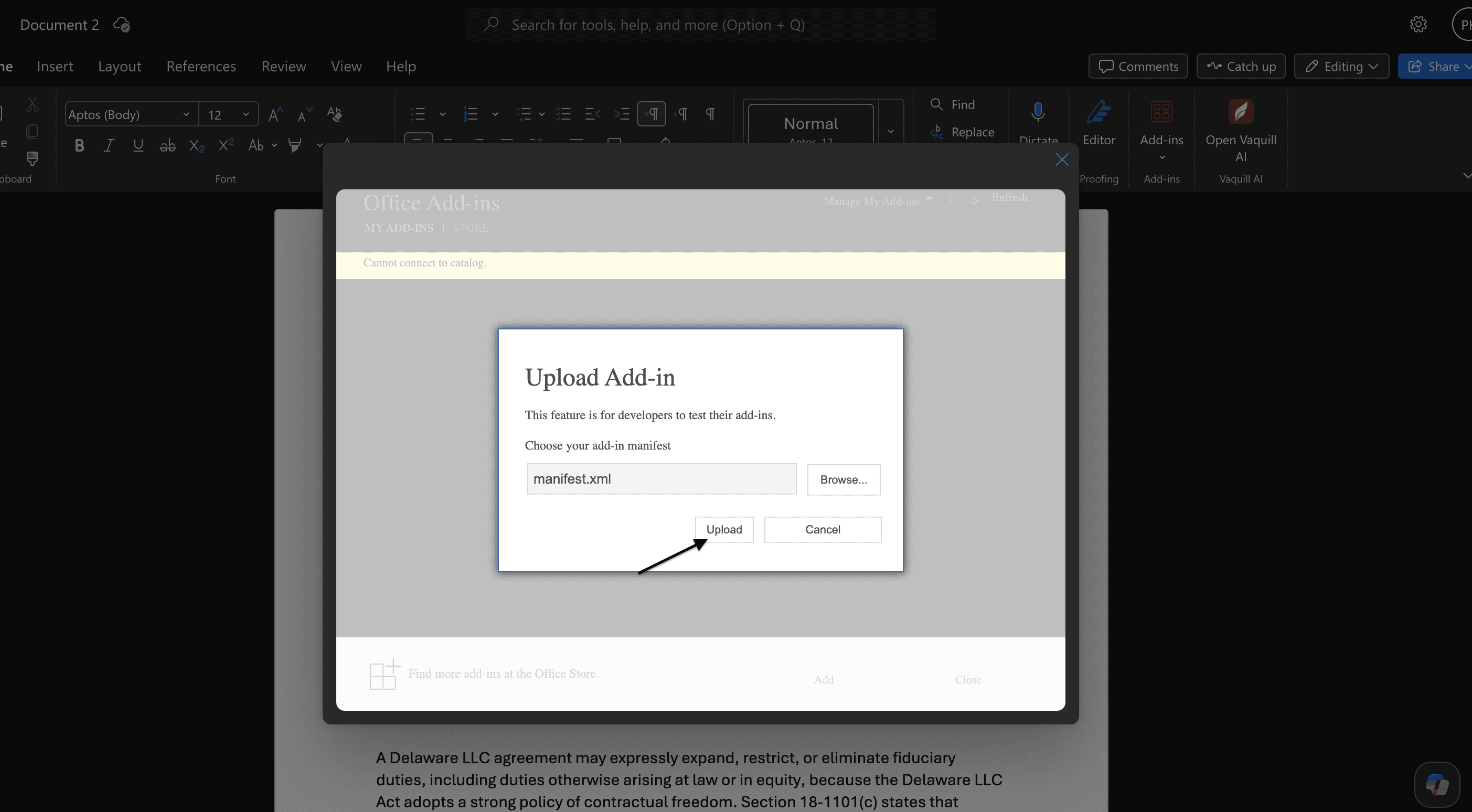 The Upload Add-in dialog with manifest.xml selected, ready to upload