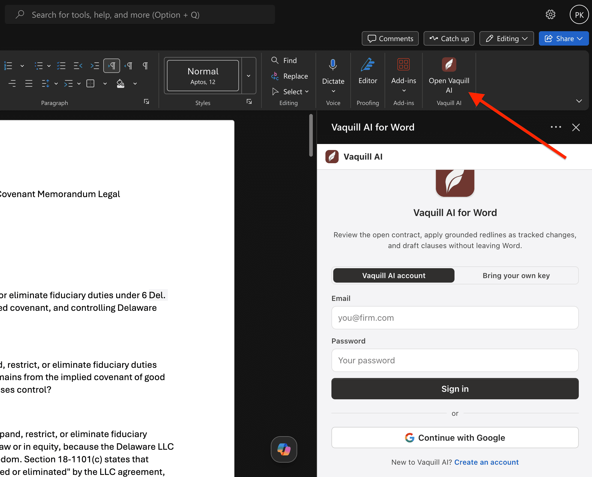 The Vaquill AI for Word task pane open with the sign-in screen