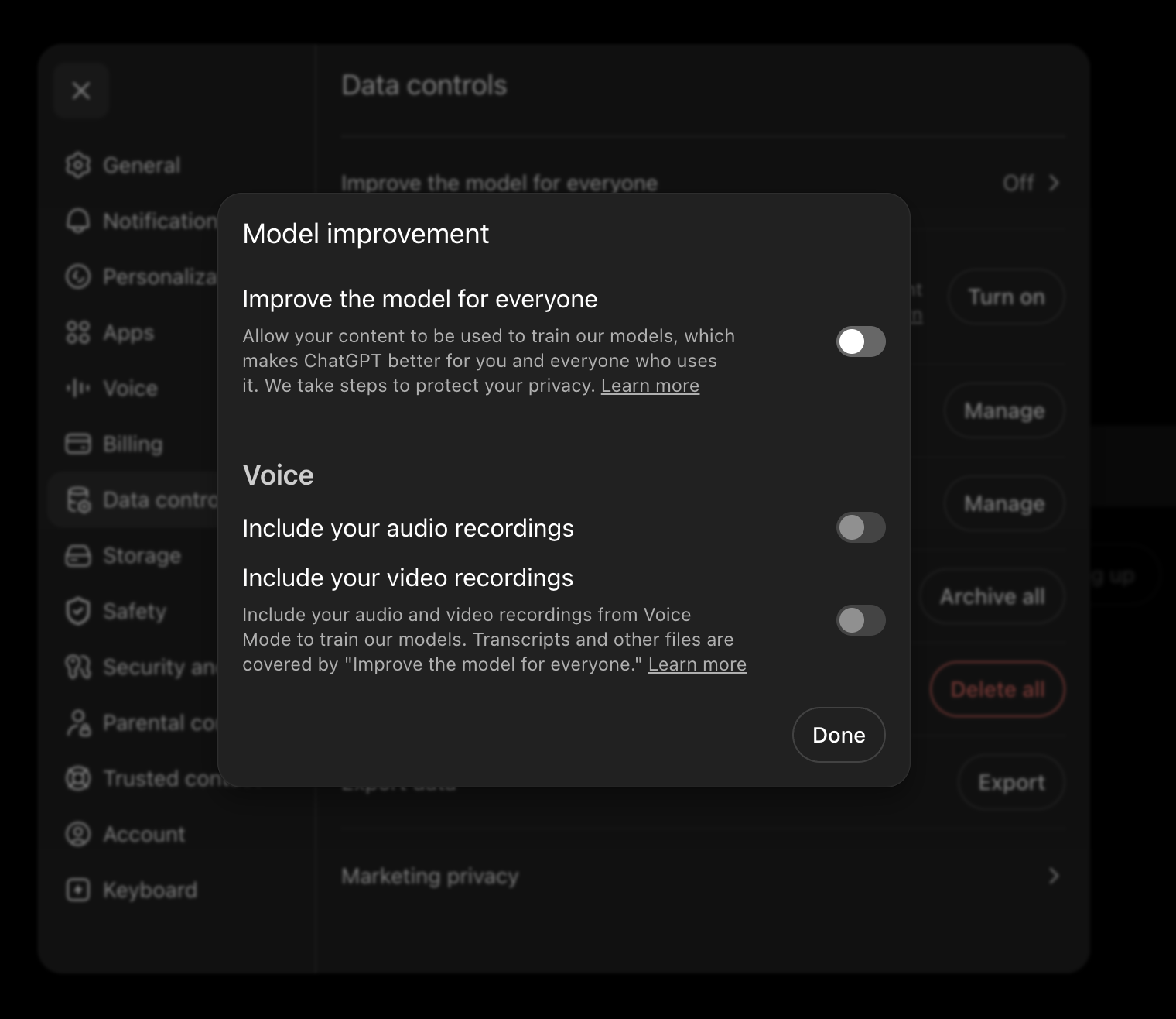 ChatGPT data controls detail