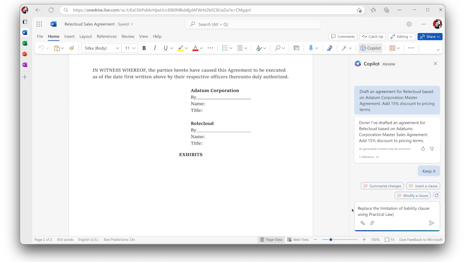 Microsoft 365 Copilot drafting in Word