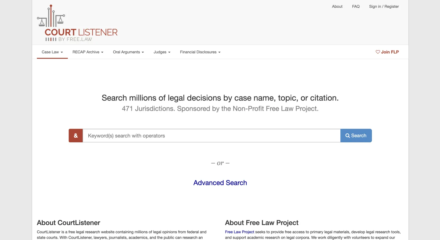 CourtListener case-law search interface from the Free Law Project