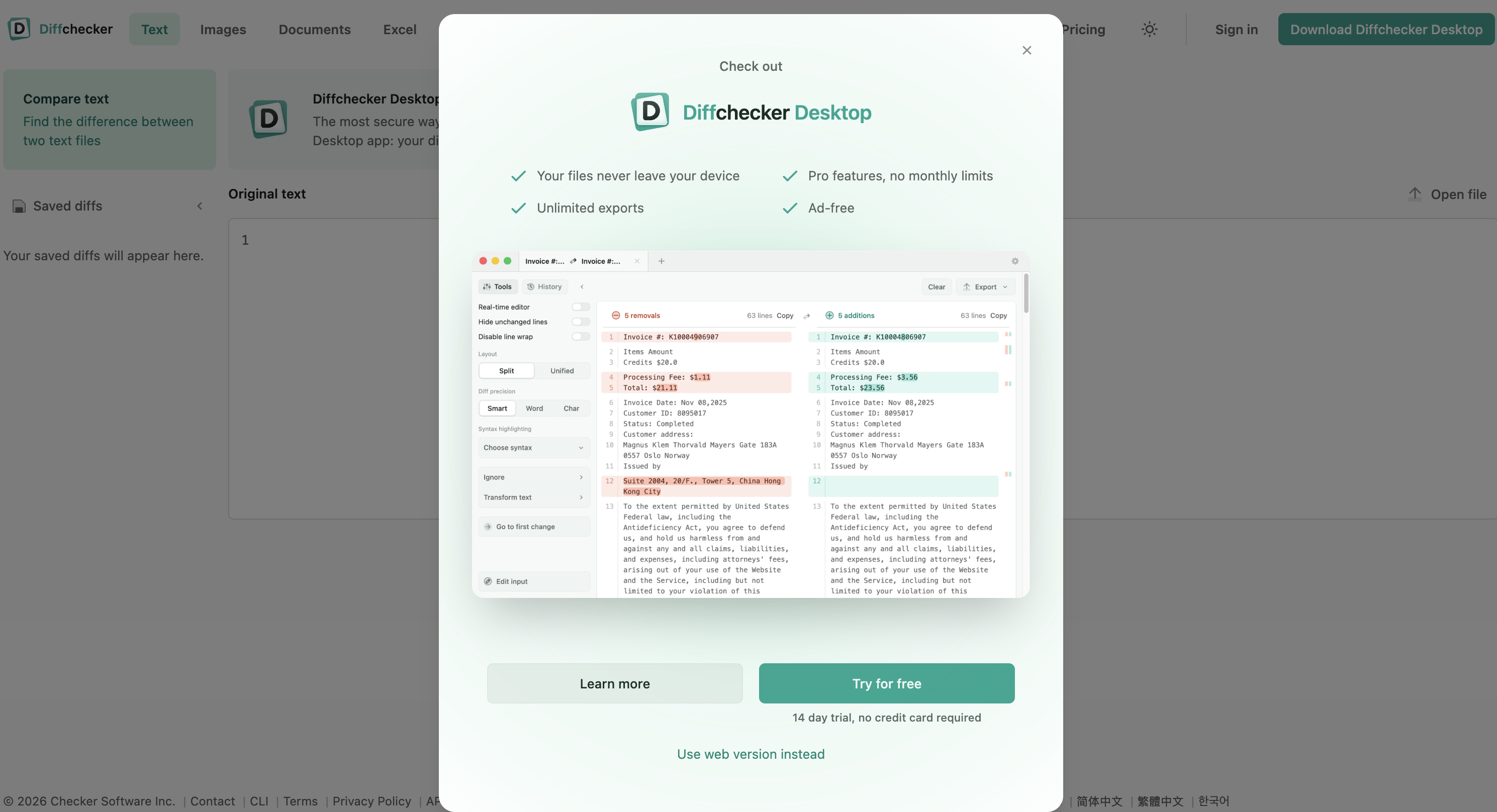 Diffchecker document comparison
