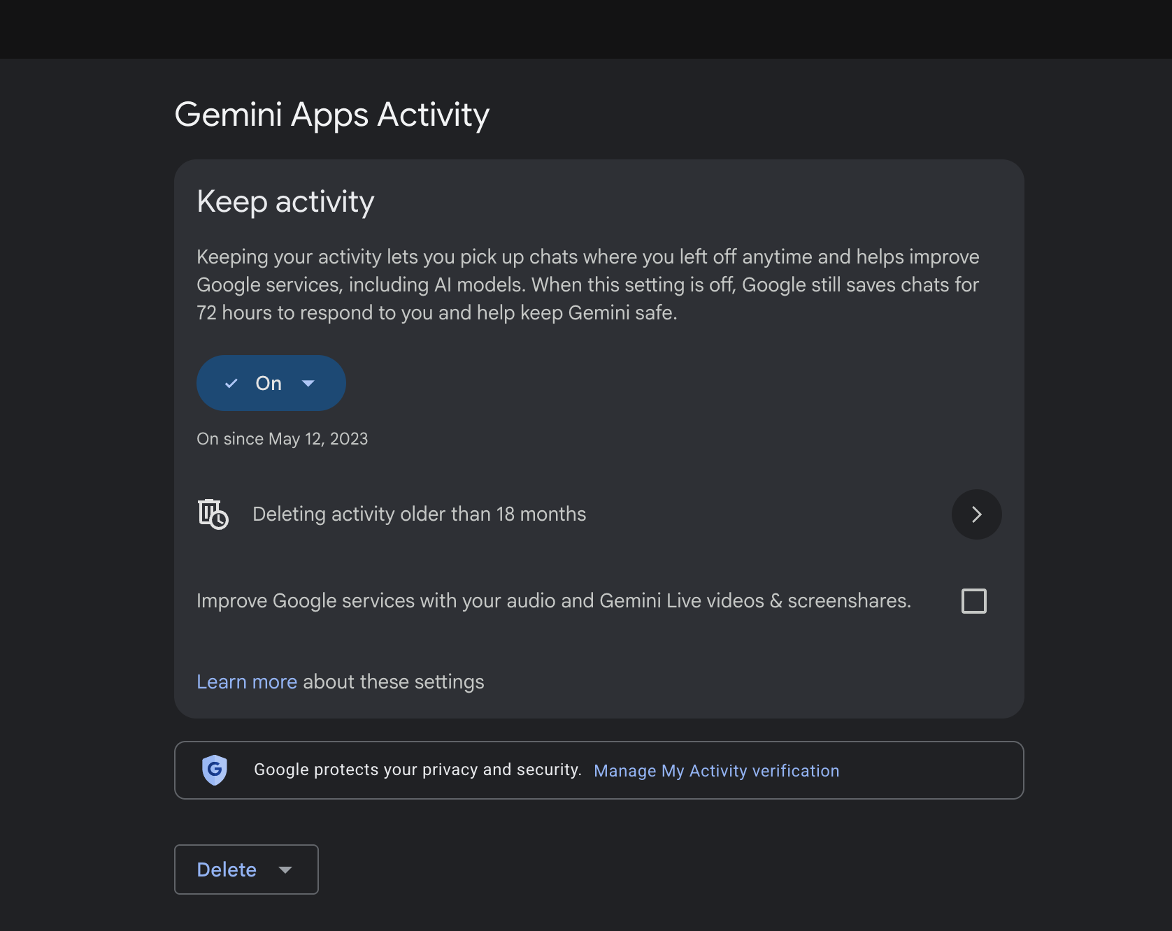 Gemini Apps Activity setting