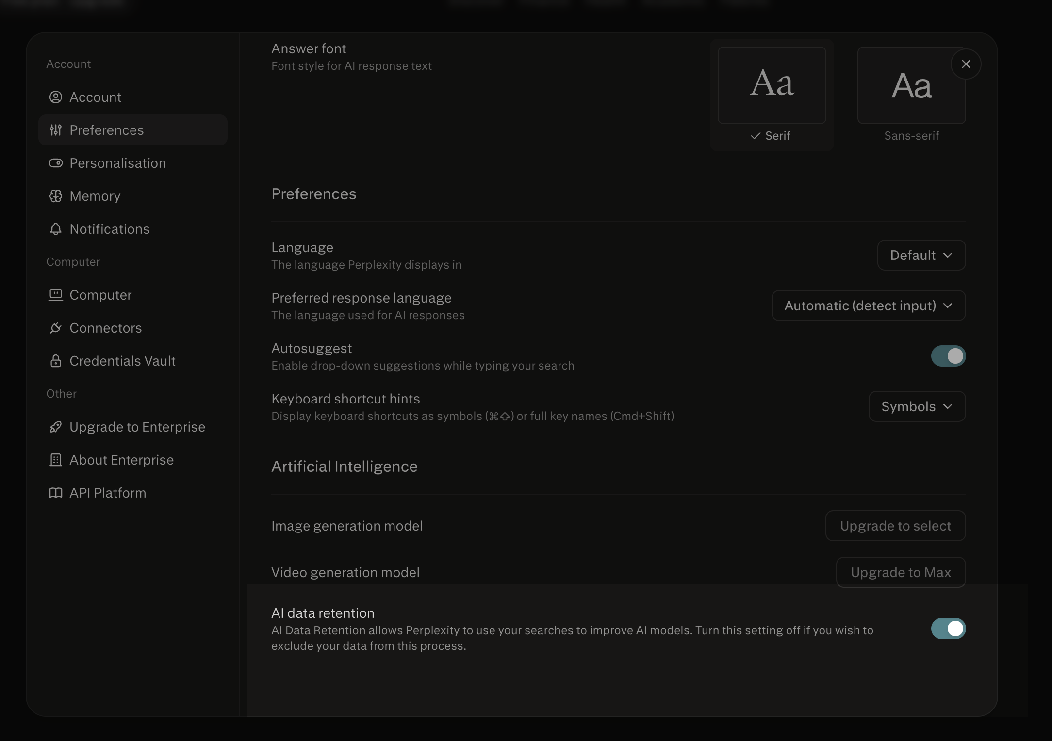 Perplexity AI data retention setting