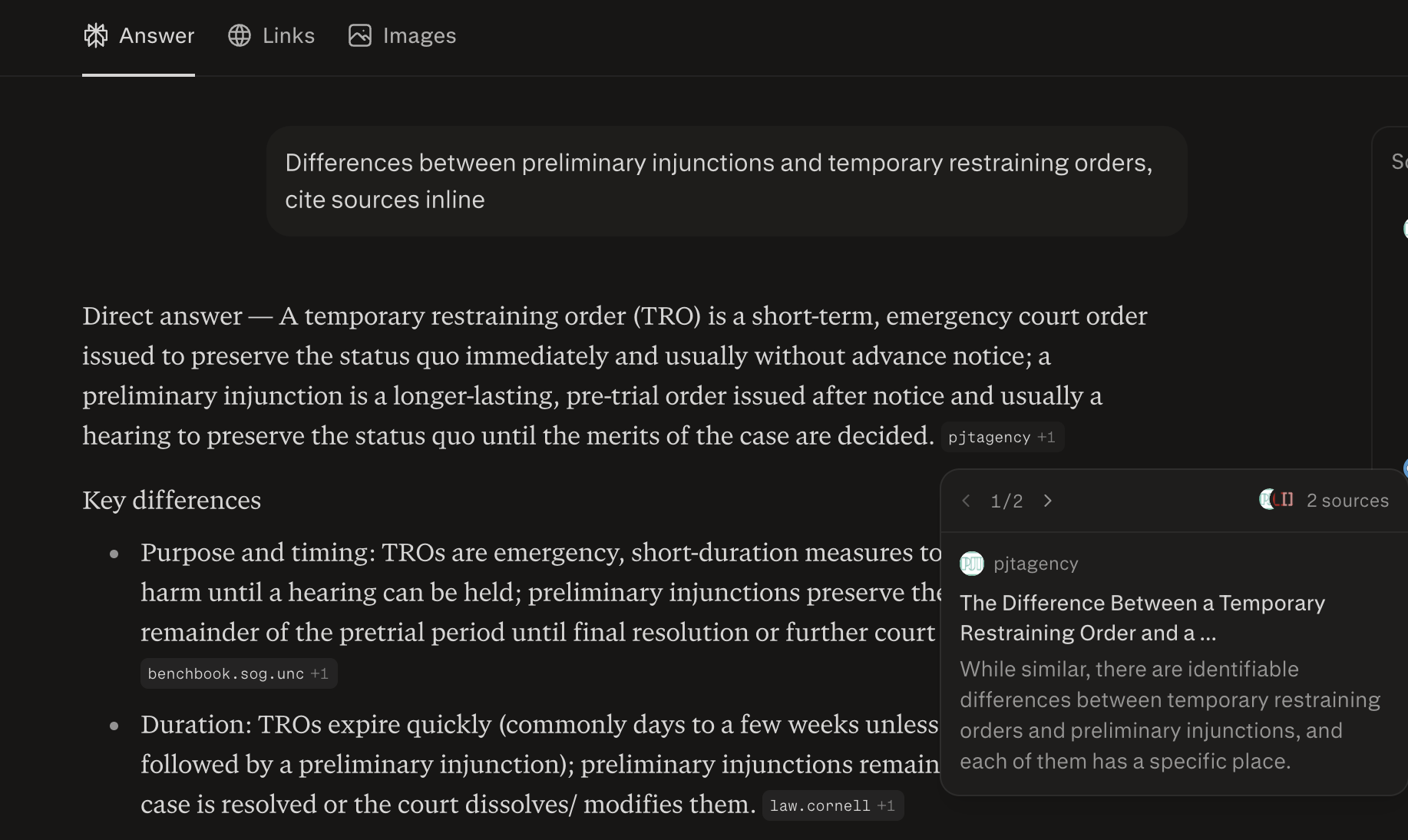 Perplexity running a legal research query