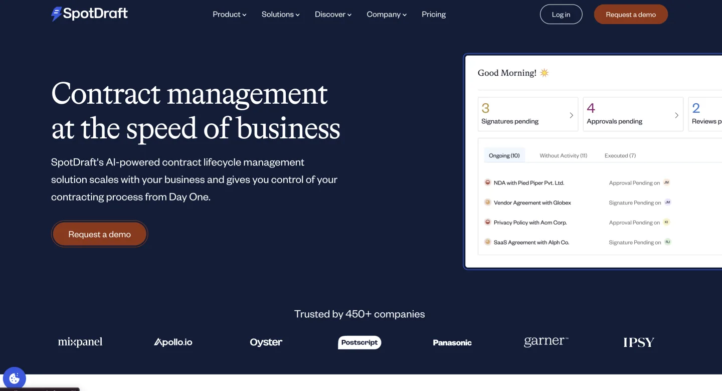 SpotDraft contract lifecycle management platform homepage