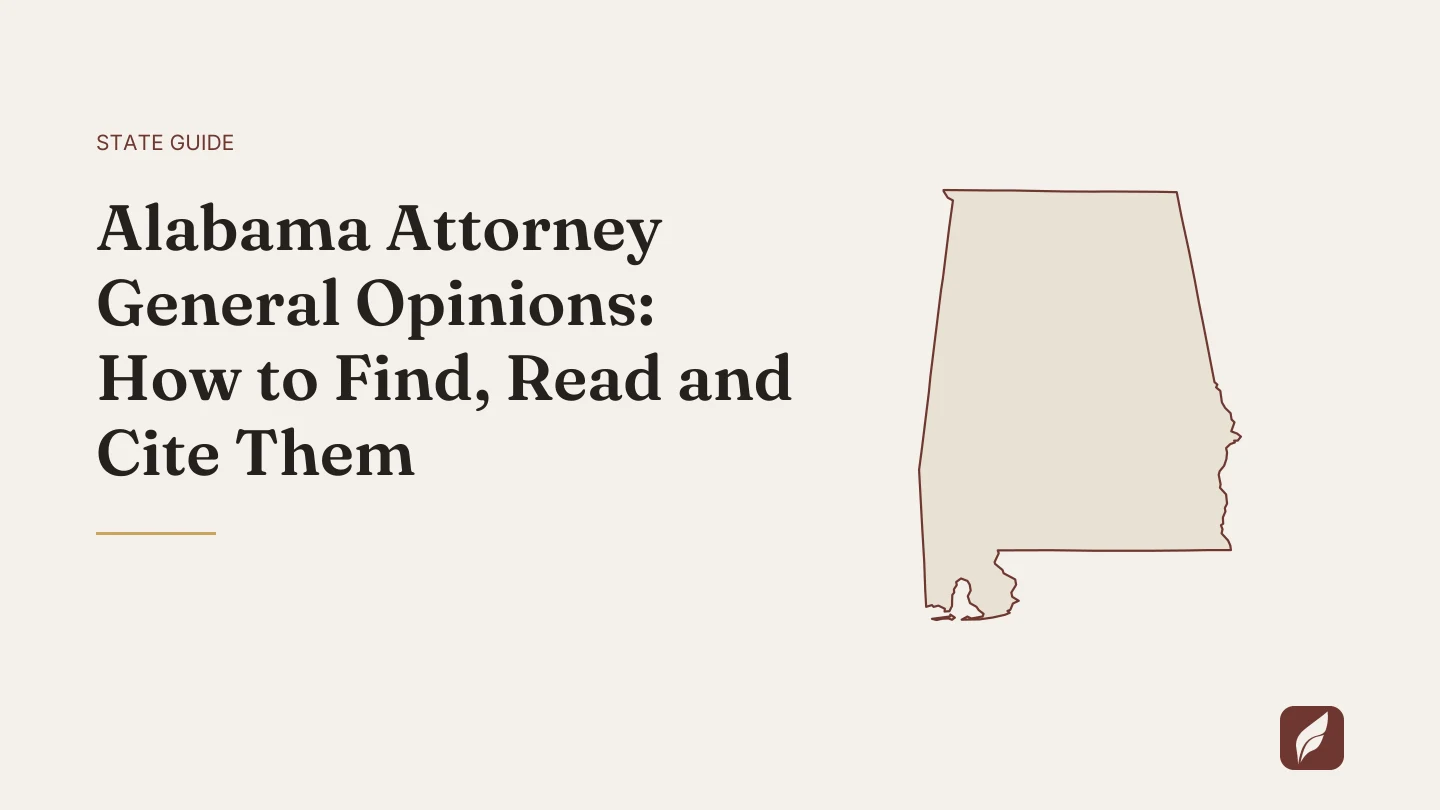 Title card for the Vaquill AI guide: Alabama Attorney General Opinions: How to Find, Read and Cite Them