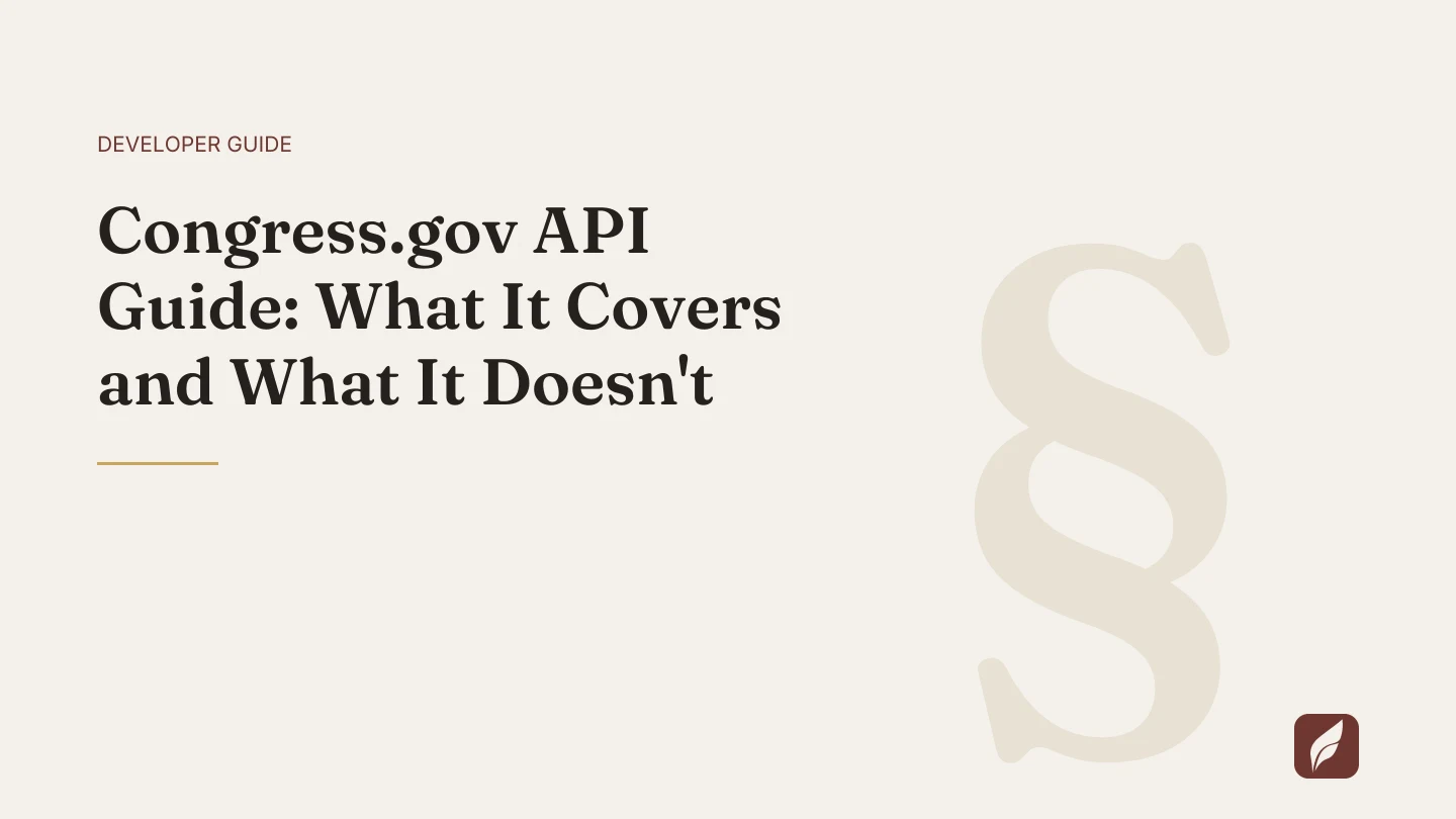 Title card for the Vaquill AI guide: Congress.gov API Guide: What It Covers and What It Doesn't