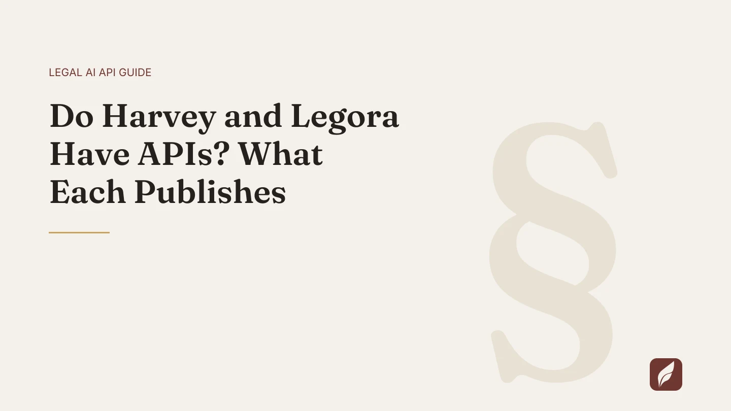 Title card for the Vaquill AI guide: Do Harvey and Legora Have APIs? What Each Publishes