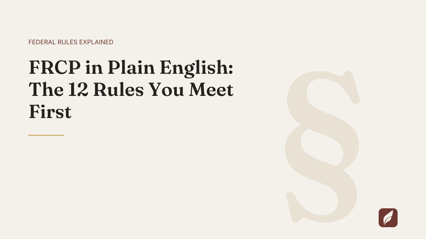 Title card for the Vaquill AI guide: FRCP in Plain English: The 12 Rules You Meet First