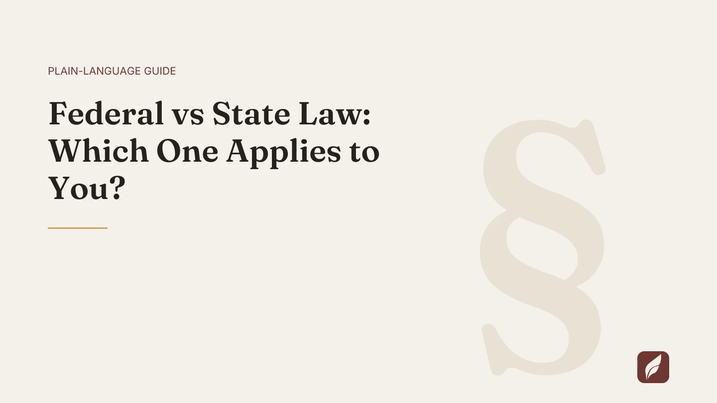 Title card for the Vaquill AI guide: Federal vs State Law: Which One Applies to You?