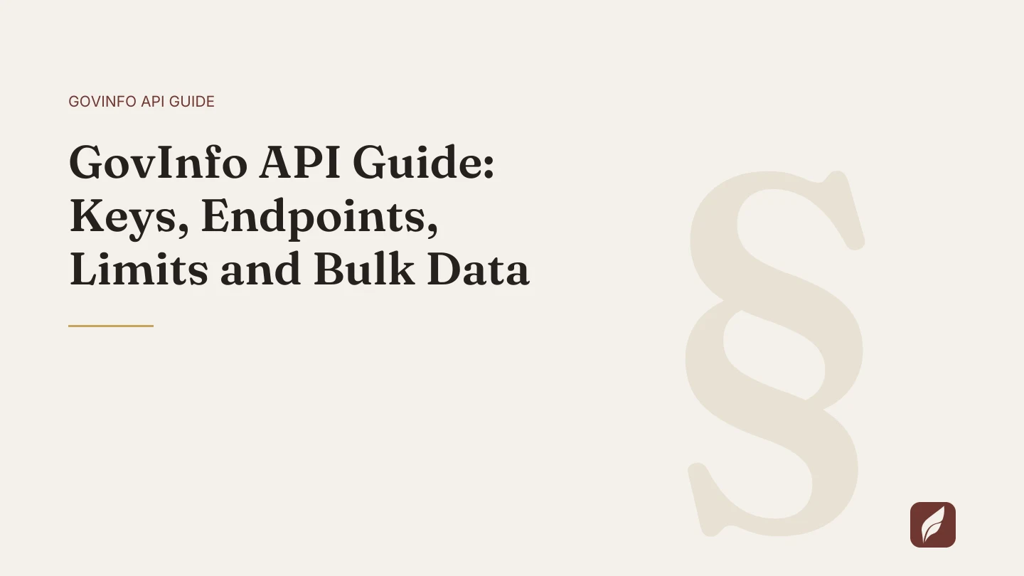 Title card for the Vaquill AI guide: GovInfo API Guide: Keys, Endpoints, Limits and Bulk Data