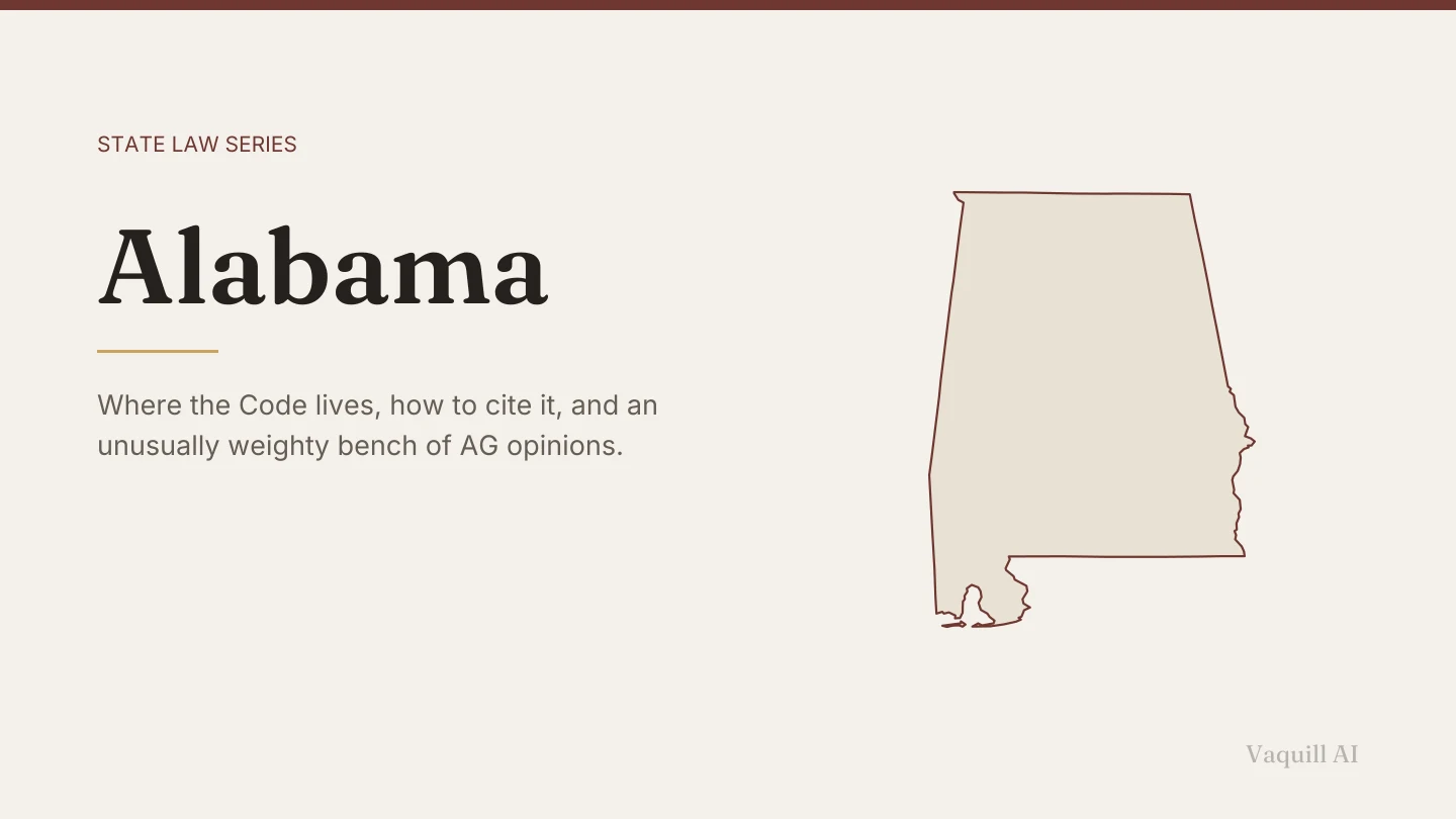 Outline map of Alabama beside the title of the state law series entry on finding and citing Alabama law