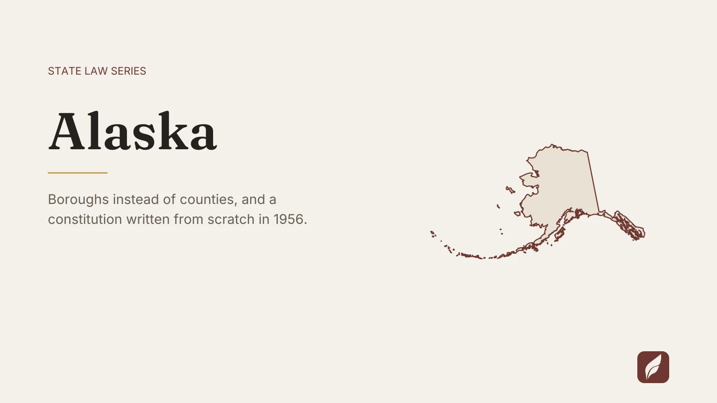 Outline map of Alaska beside the title of the state law series entry on finding and citing Alaska law