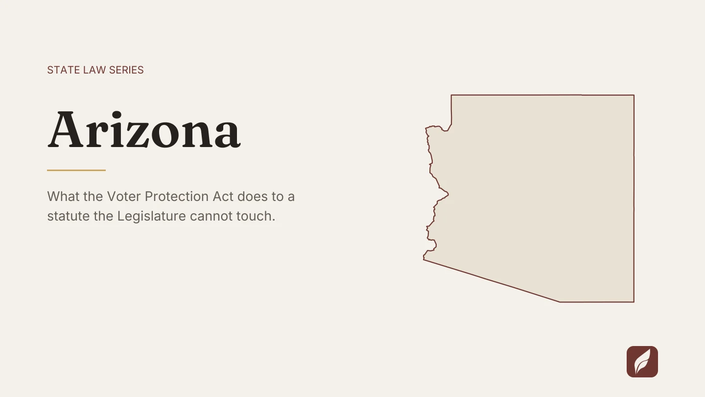 Outline map of Arizona beside the title of the state law series entry on finding and citing Arizona law