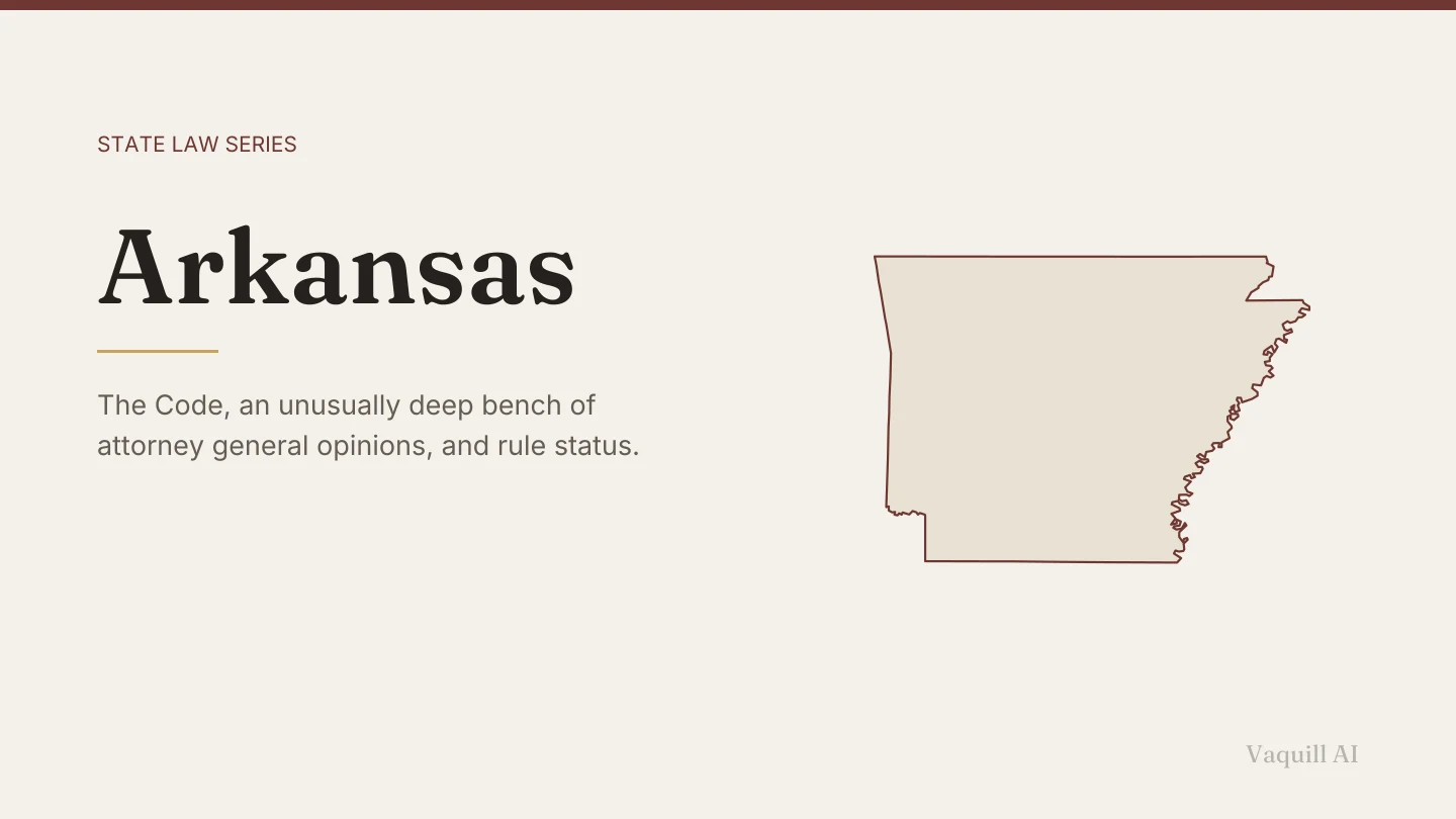 Outline map of Arkansas beside the title of the state law series entry on finding and citing Arkansas law