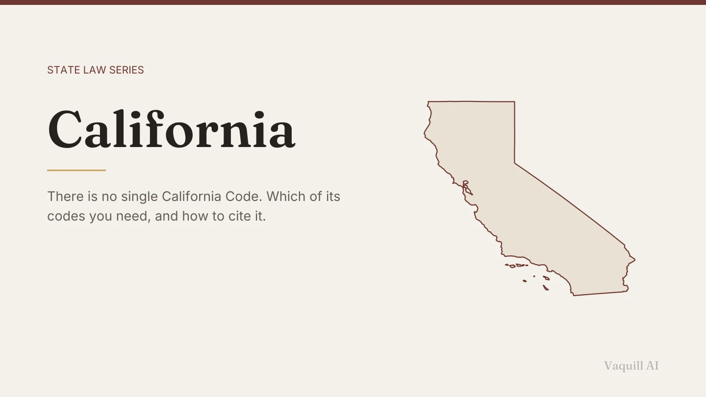 Outline map of California beside the title of the state law series entry on finding and citing California law